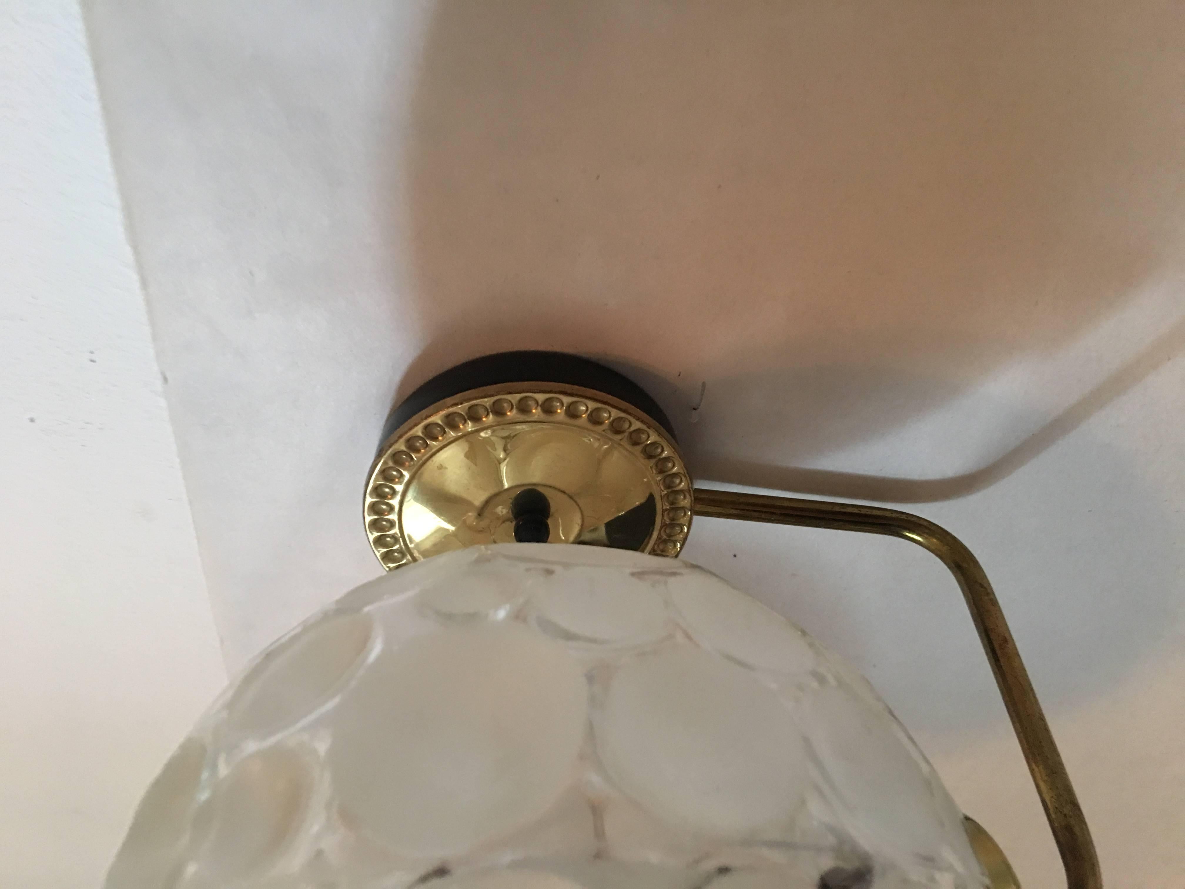 Mid-Century Modern French Brass Crater Textured Glass Shade Sconces