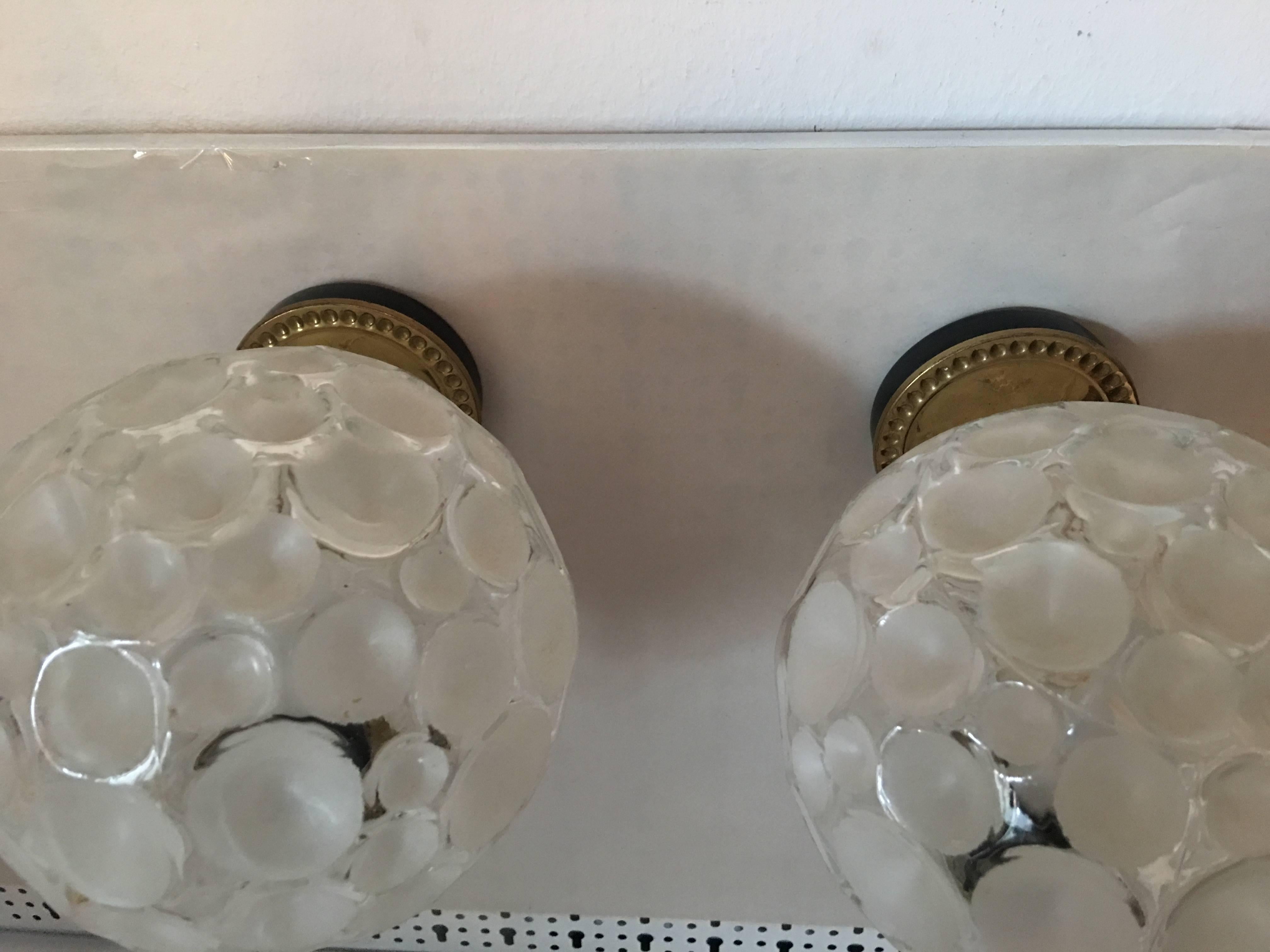 French Brass Crater Textured Glass Shade Sconces In Good Condition In Frisco, TX