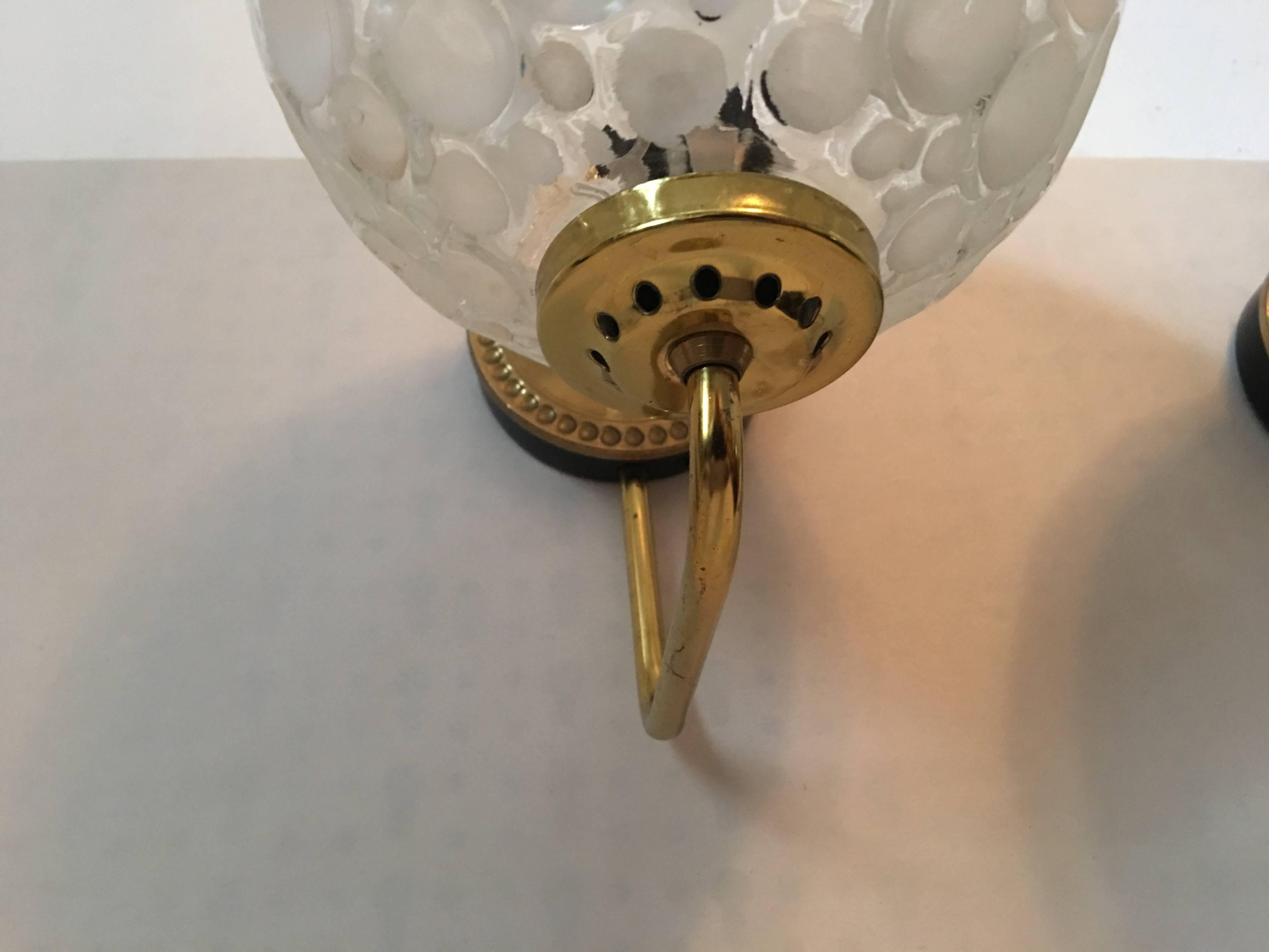 French Brass Crater Textured Glass Shade Sconces 2