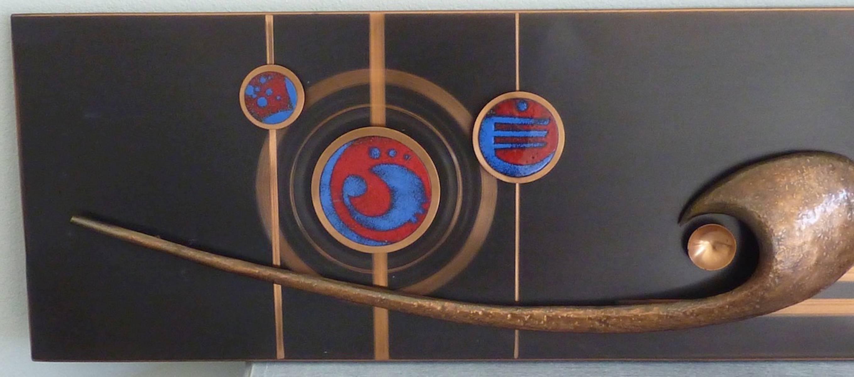 A beautiful, vintage large copper and enamel music themed wall decor. Measuring 57 x 13 inches it would make a beautiful ornament above a seating area. Vibrant colors and excellent craftsmanship. Also a great wall hanging for any office or waiting