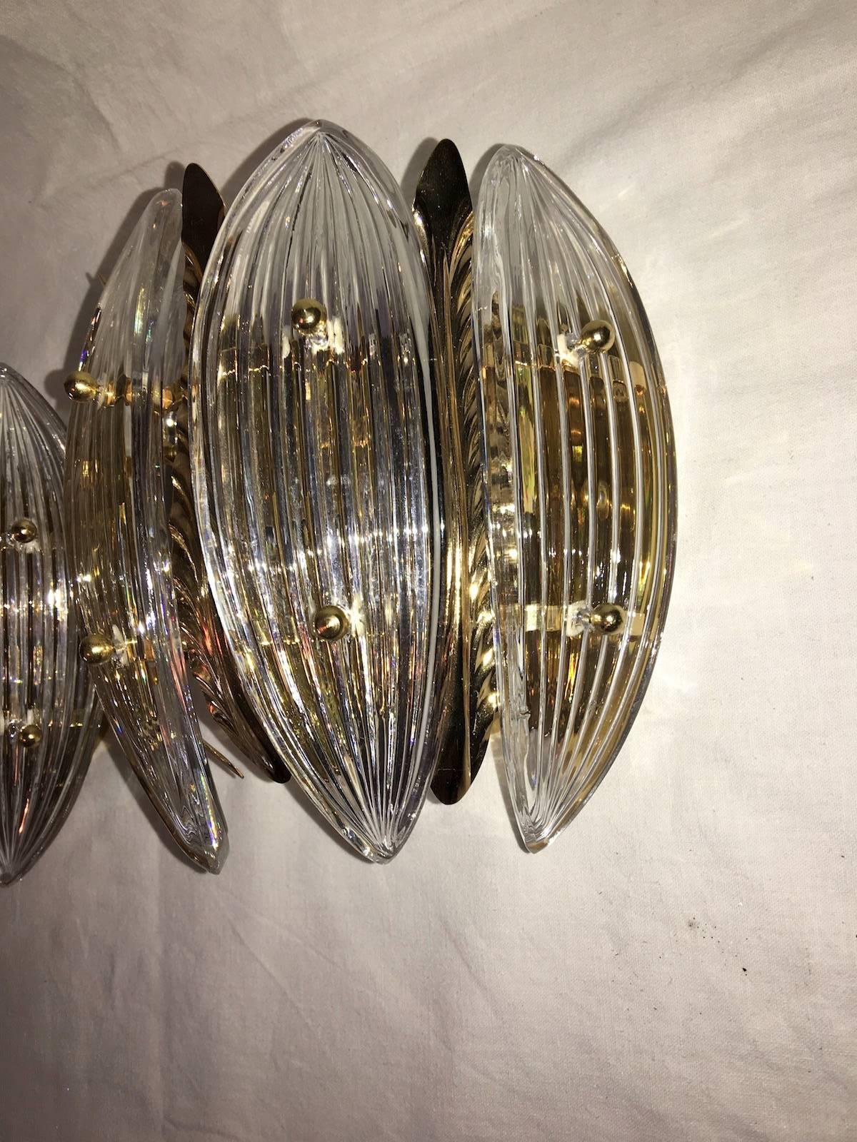 Pair of Gilded Brass and Glass Sconces by Palwa In Good Condition For Sale In Frisco, TX
