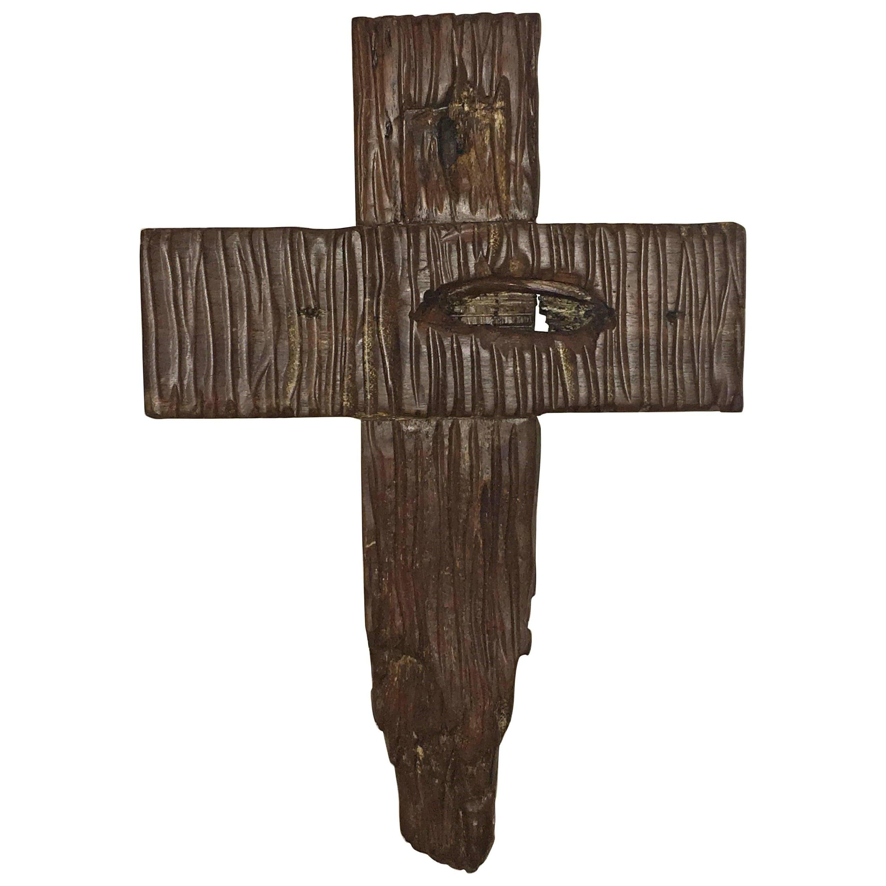 Folk Art Drift Wood Brutalist Woodcarving Crucifix For Sale