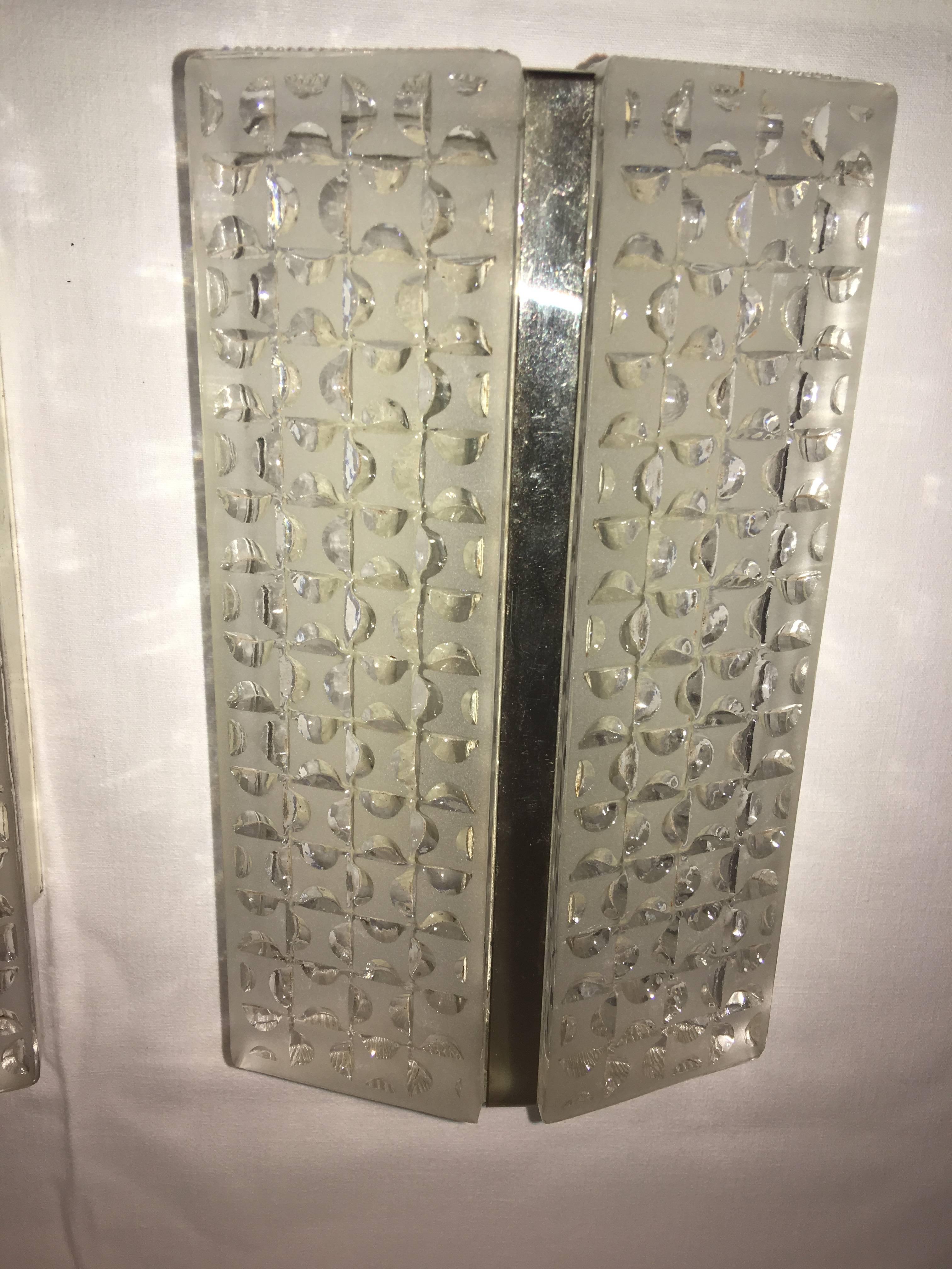 German Pair of Chrome and Textured Glass Sconces