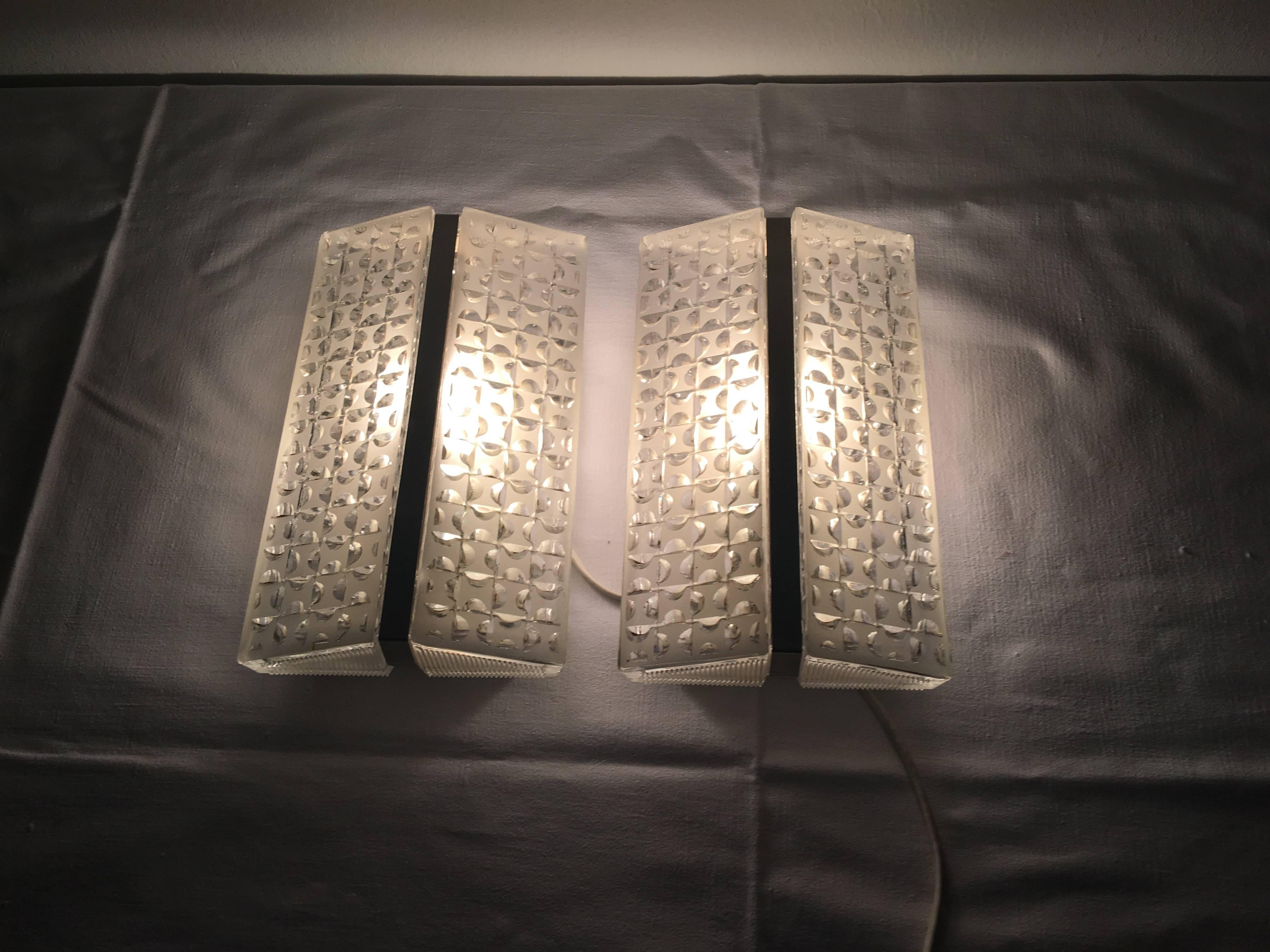 Metal Pair of Chrome and Textured Glass Sconces