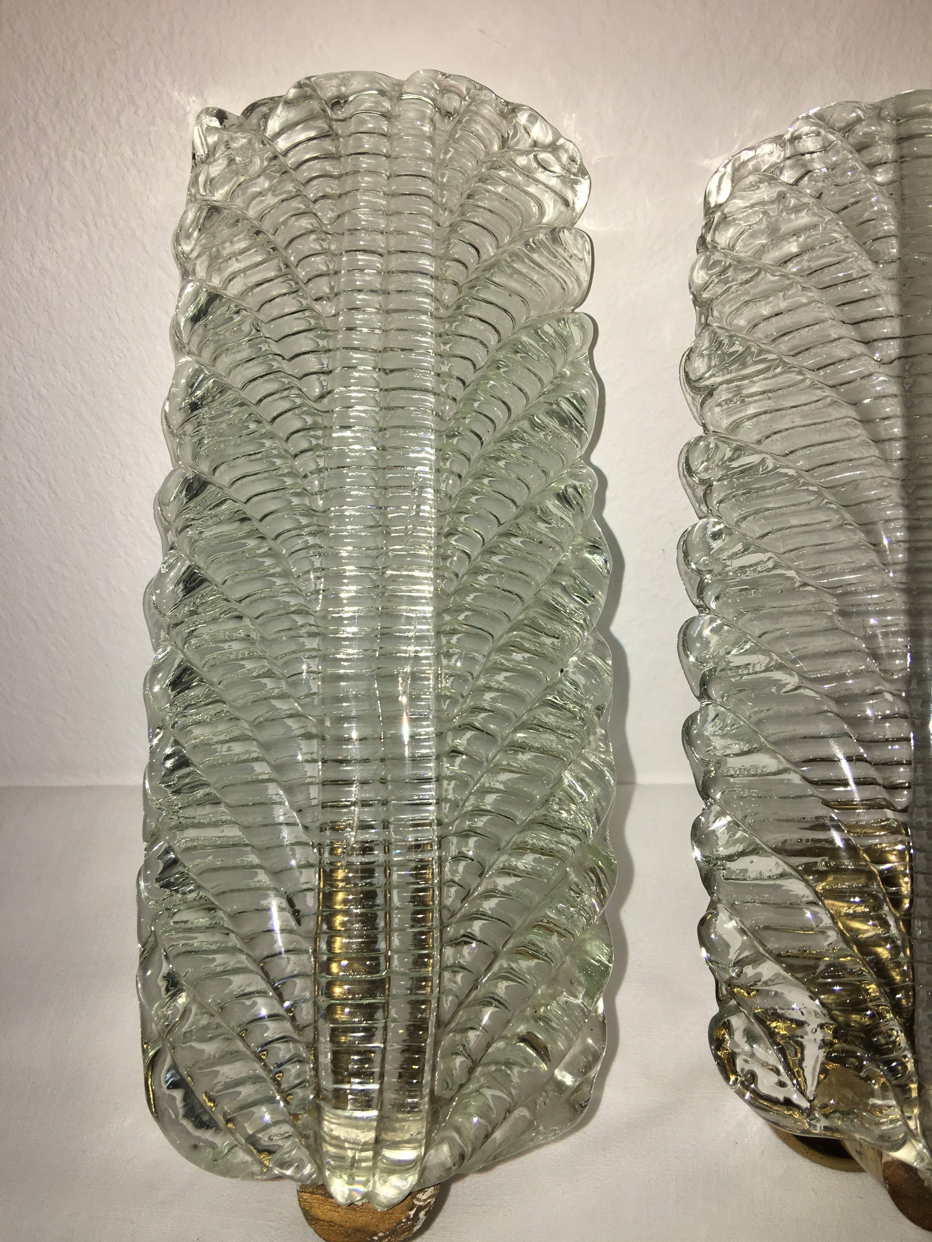Italian Pair of Italy Murano Glass Sconces Feathers Form