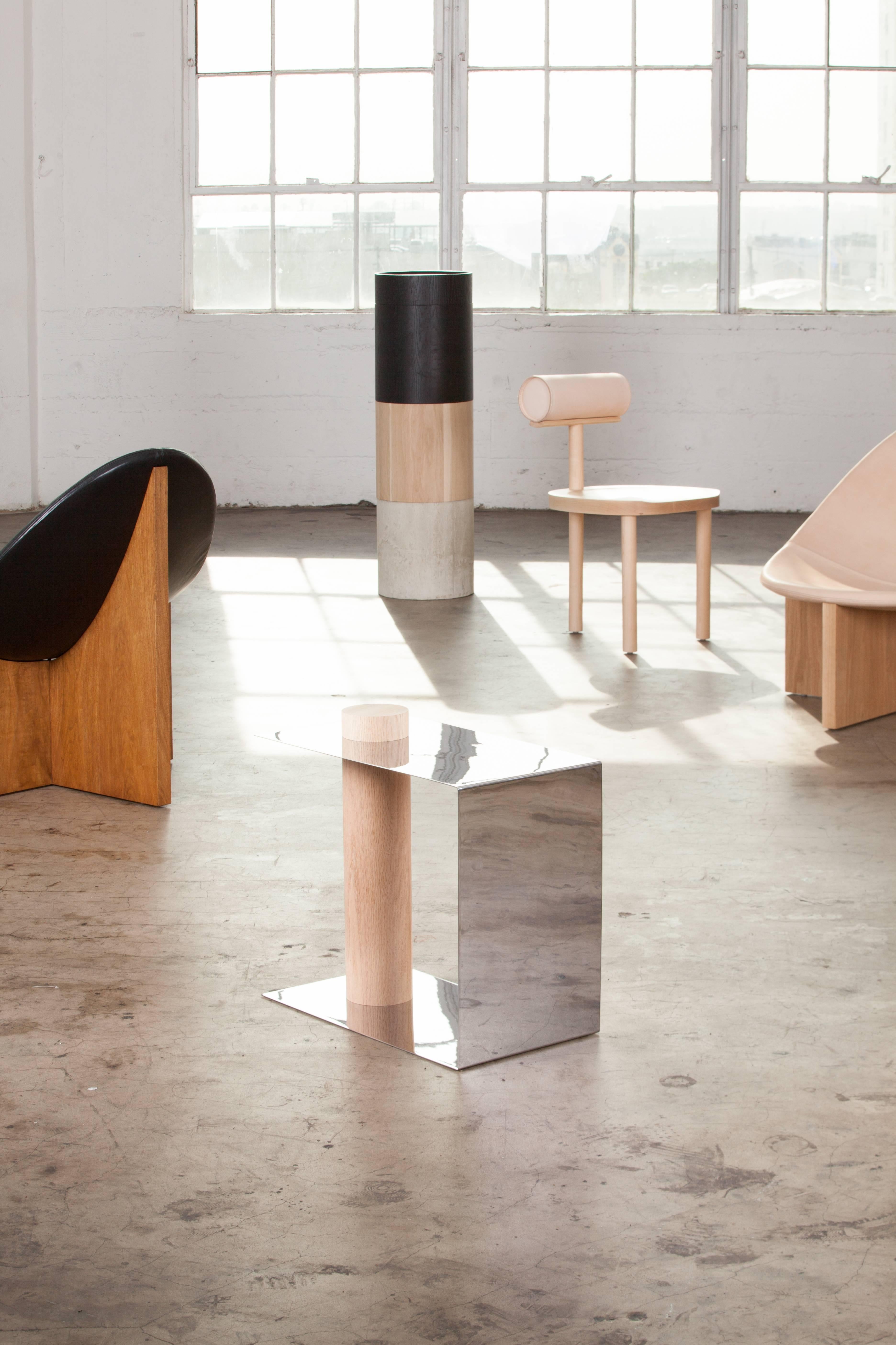 PURU Side Table in Polished Stainless Steel & White Oak by Estudio Persona 1