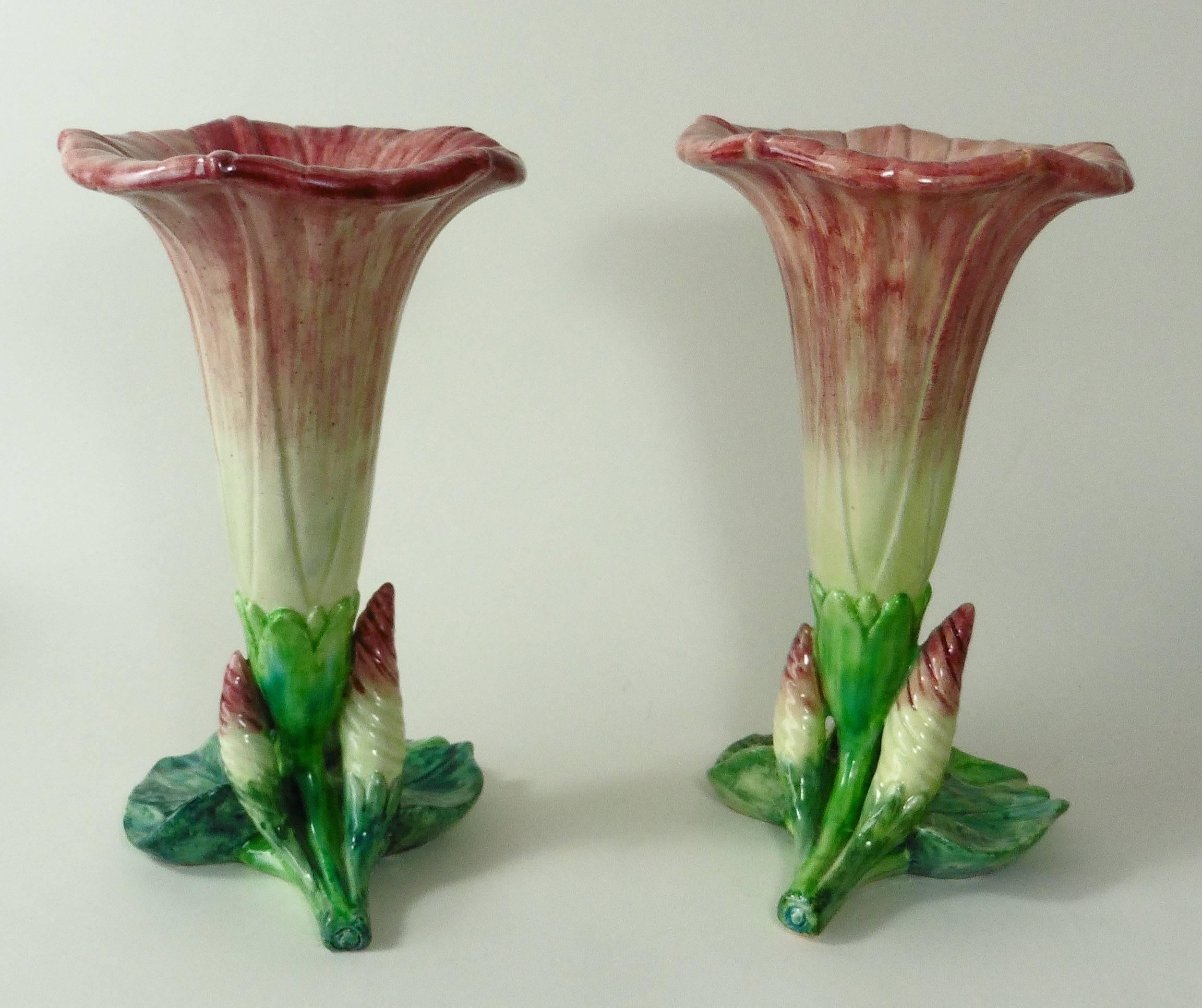 Pair of large Majolica pink morning glory attributed to Delphin Massier, circa 1890.
The Massier family are known for the quality of their unique enamels and paintings. They produced an incredible whole range of flowers like iris, roses, daisies,