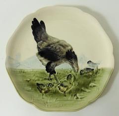 19th Century Blue Majolica Hen and Chicks Plate Choisy Le Roi