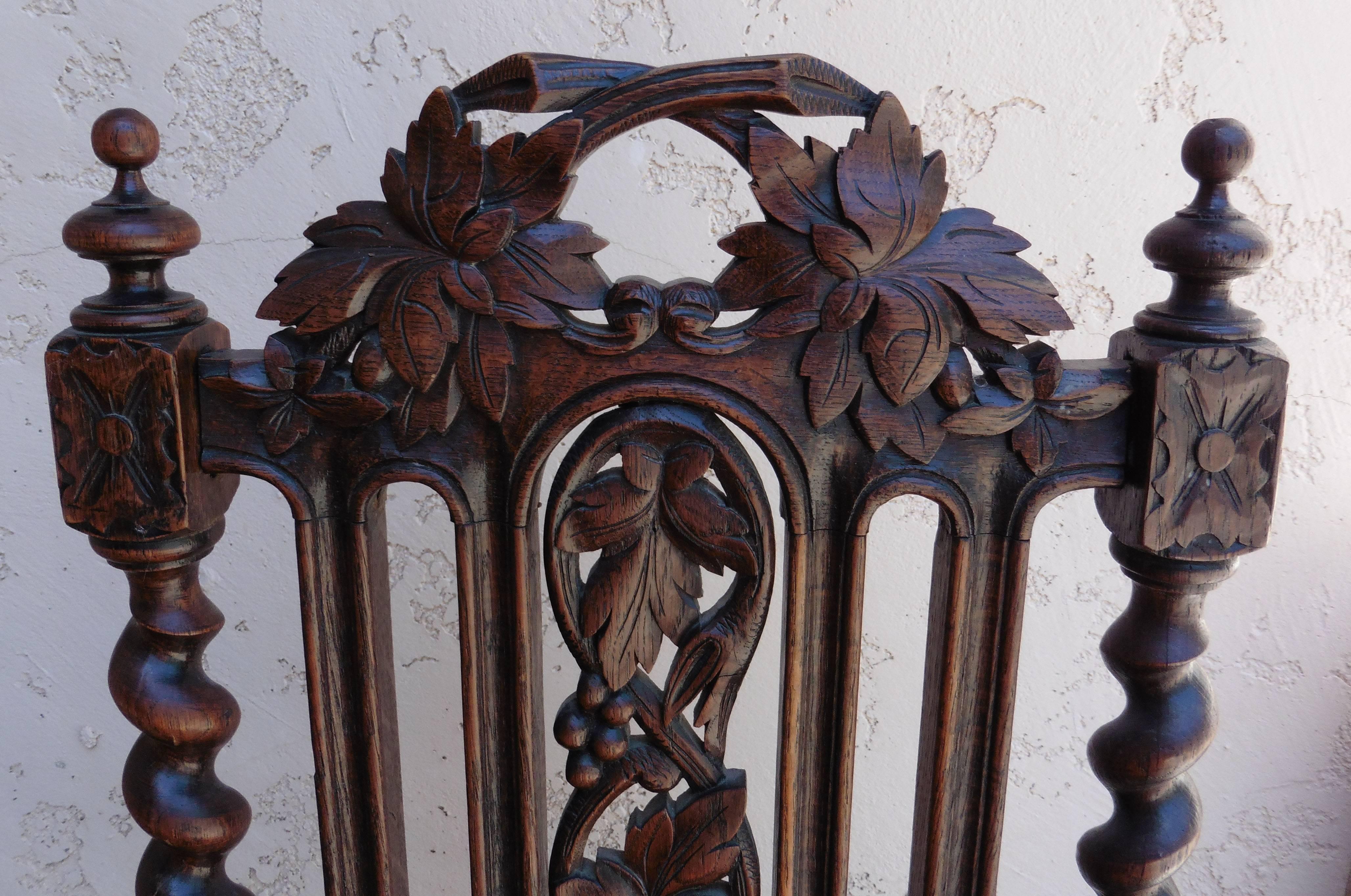 French Provincial 19th Century Set of Four Carved Oak Renaissance Style Chairs