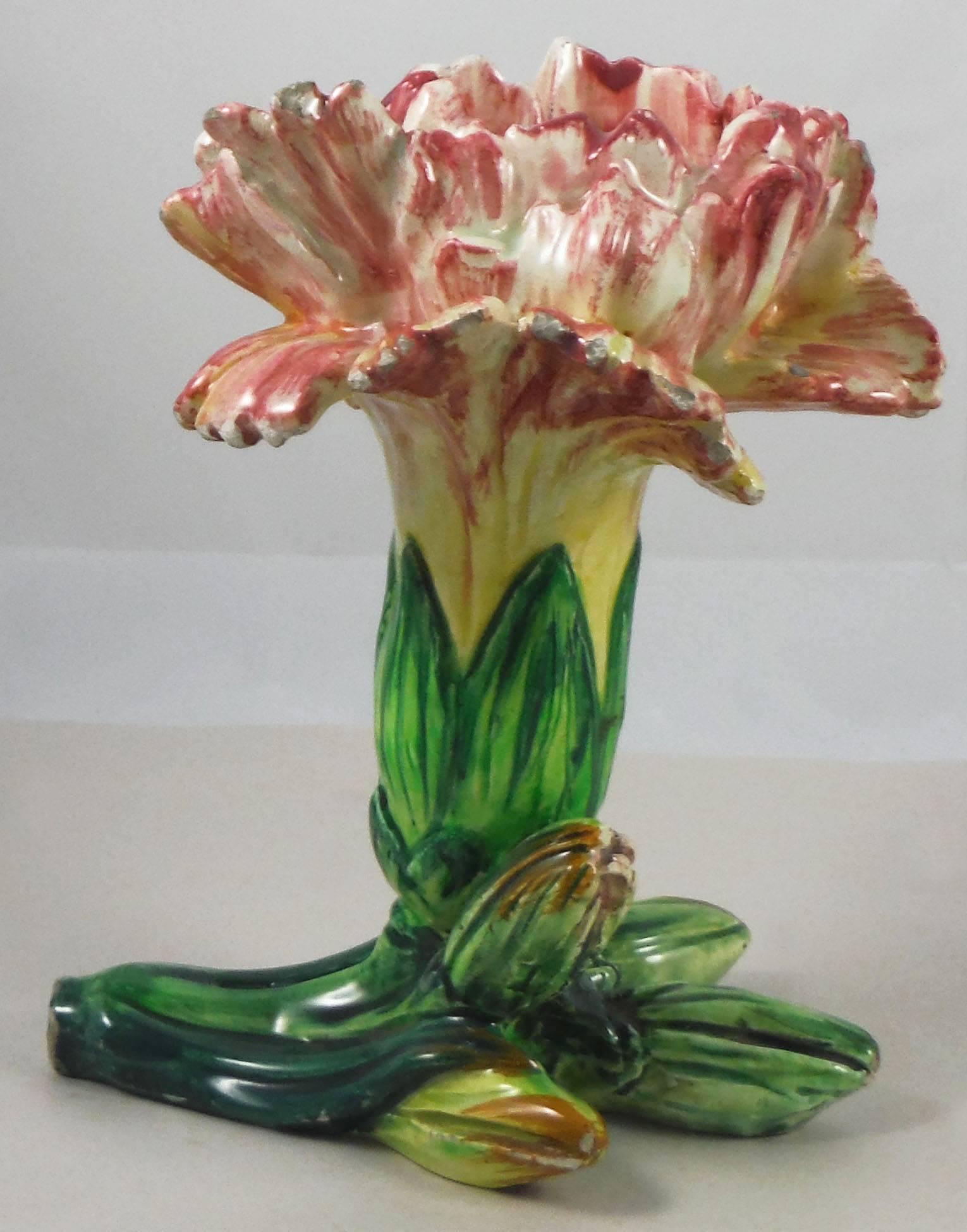 Art Nouveau Majolica Carnation Flower Vase Jerome Massier, circa 1900 For Sale