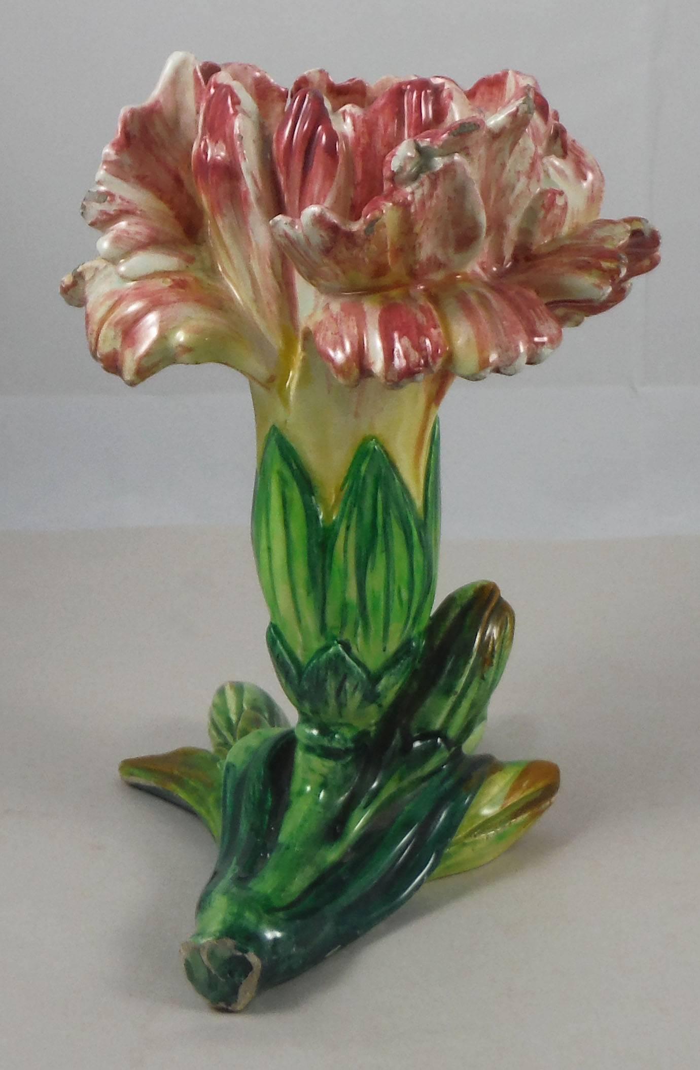 French Majolica Carnation Flower Vase Jerome Massier, circa 1900 For Sale