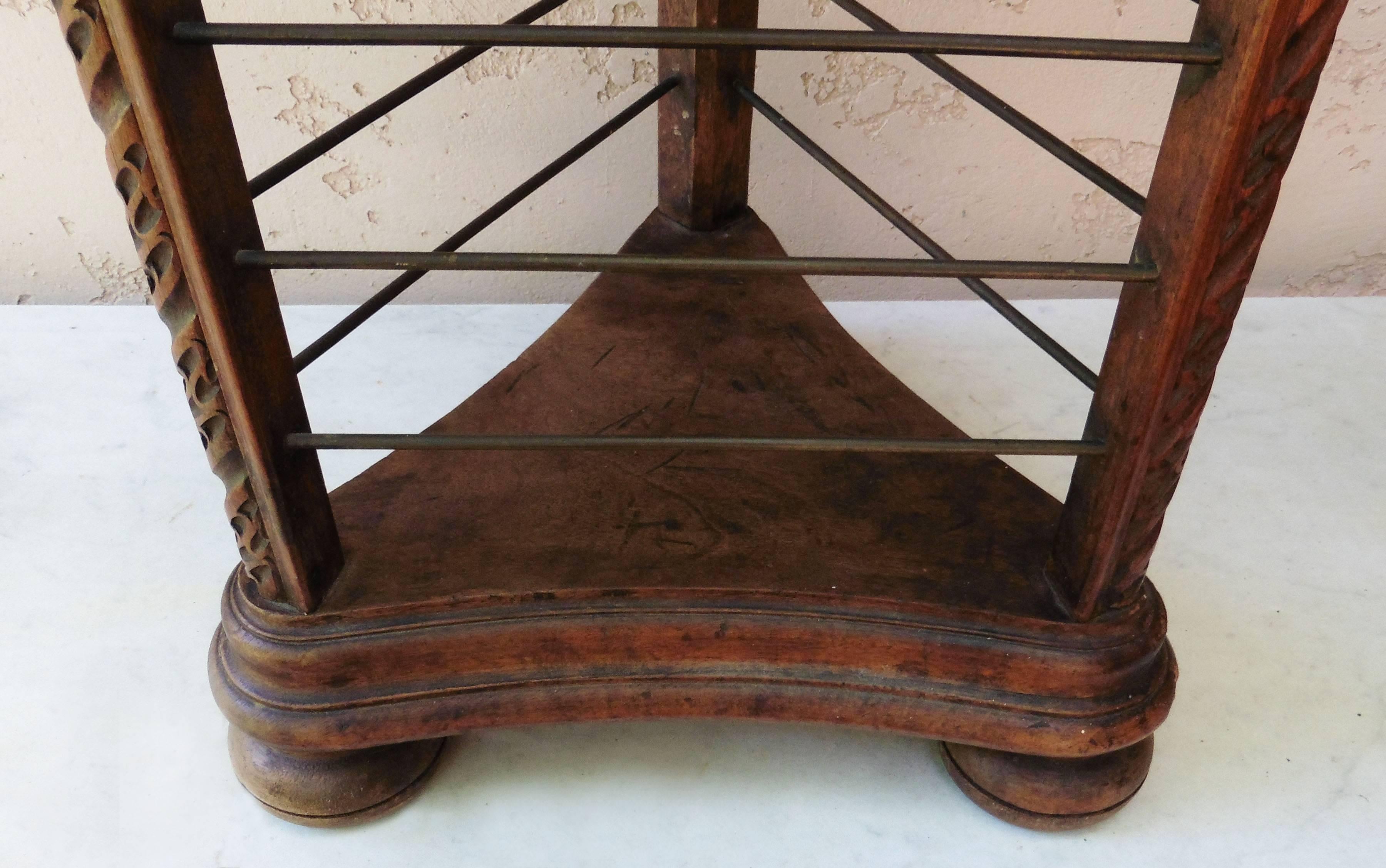 Unusual French wood carved plate rack with brass holders, circa 1880.