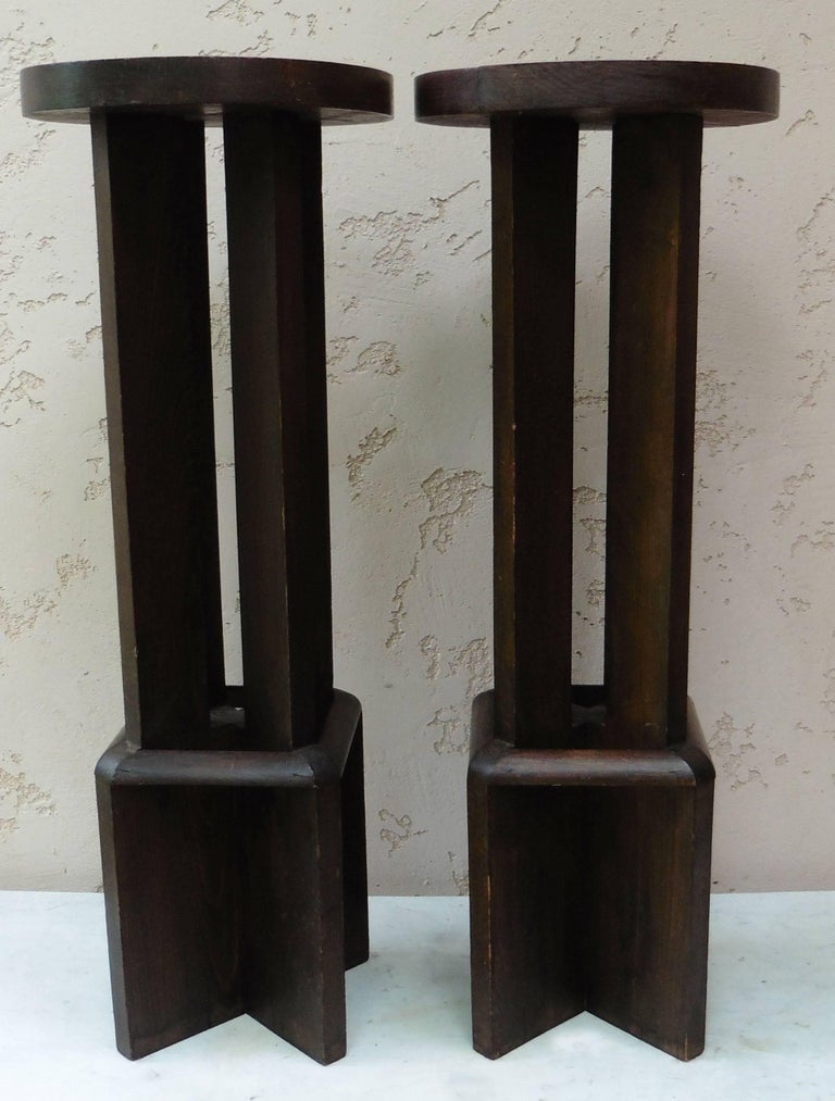 Stunning pair of geometrical plant stands in exotic wood, period Art Deco, circa 1930.