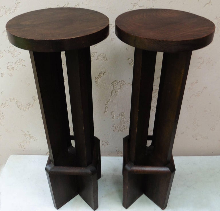 French Pair of Art Deco Wood Geometrical Plant Stands For Sale