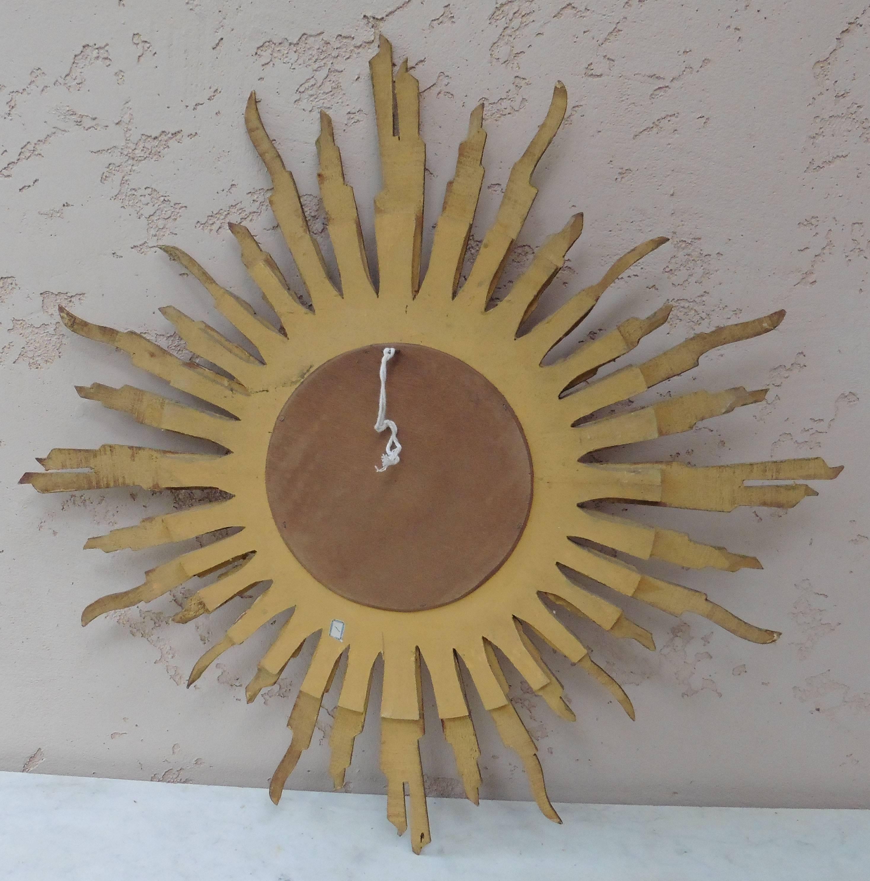 Mid-Century Modern French Convex Sunburst Gilded Wood Mirror