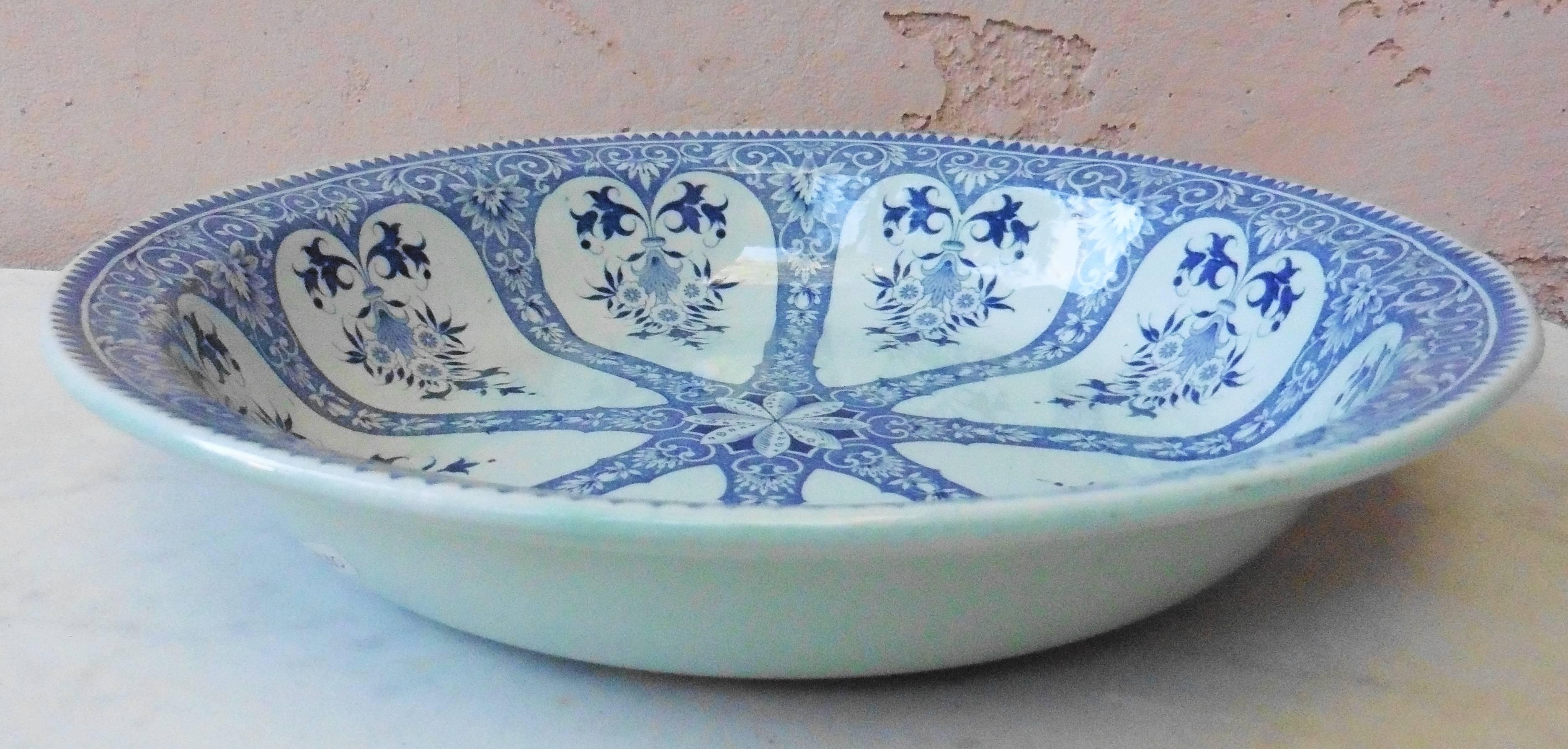 Large French blue and white faience round platter signed Sarreguemines Service Francois.