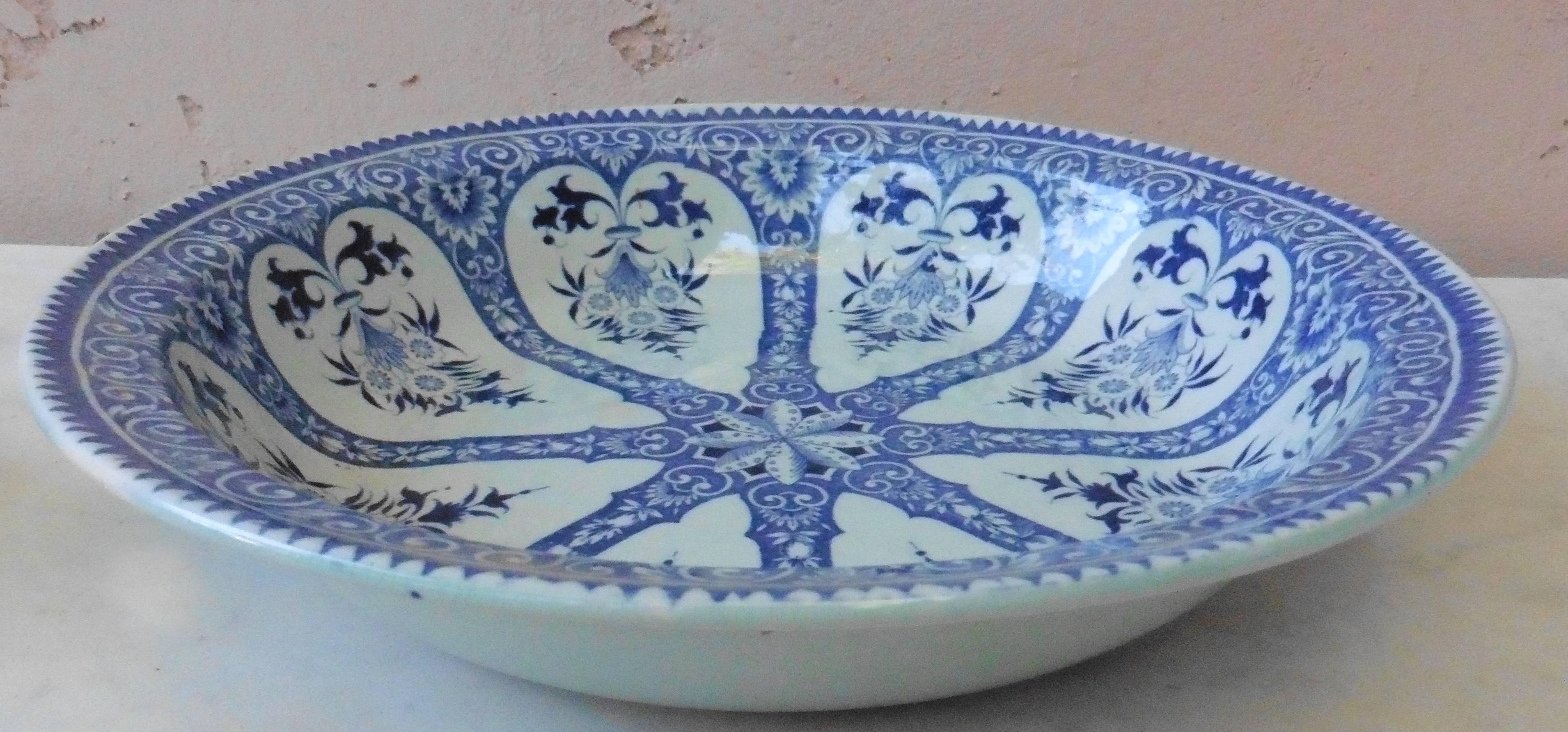 Large French blue and white faience round platter signed Sarreguemines Service Francois.