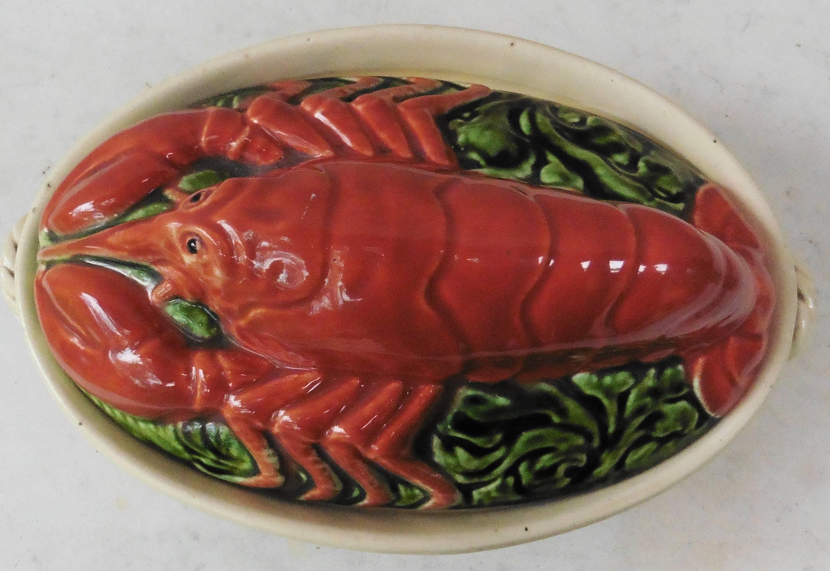 Majolica lobster tureen signed Sarreguemines, circa 1910.