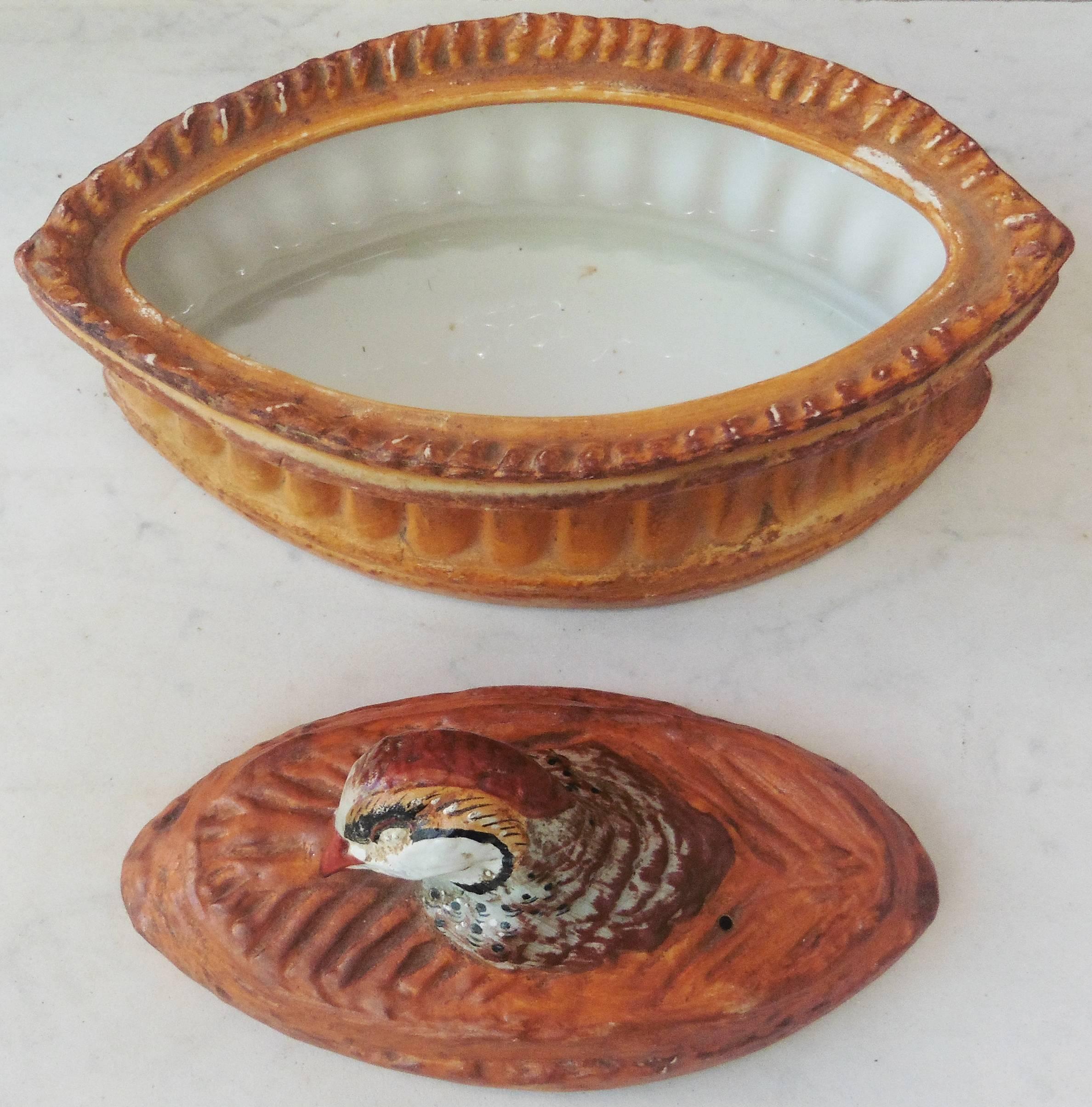 French Provincial French Trompe L'oeil Porcelain Partridge Pa�̂té Tureen Pillivuyt Mehun