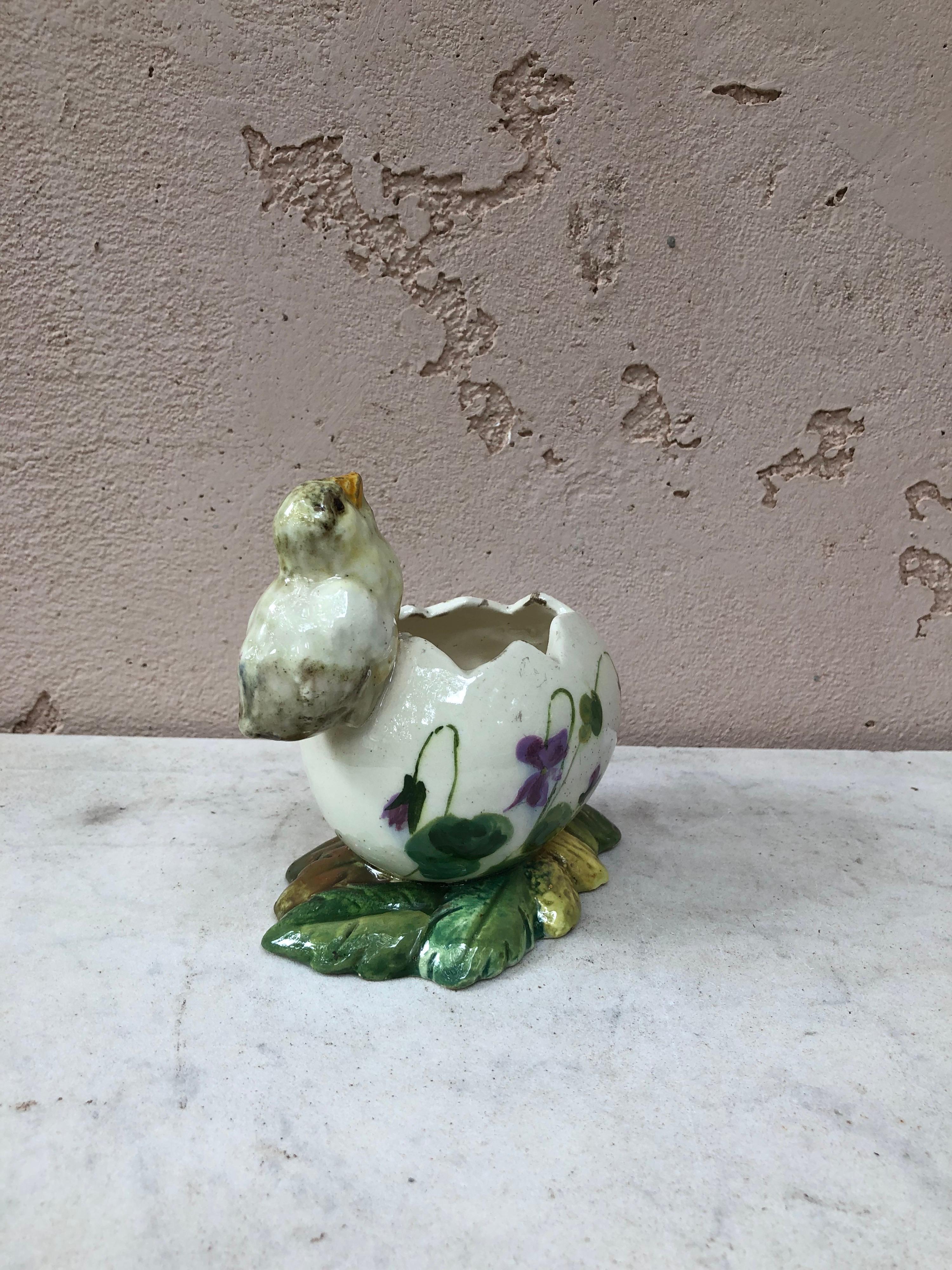 Country Majolica Chick with Egg Vase Jerome Massier Fils, circa 1900