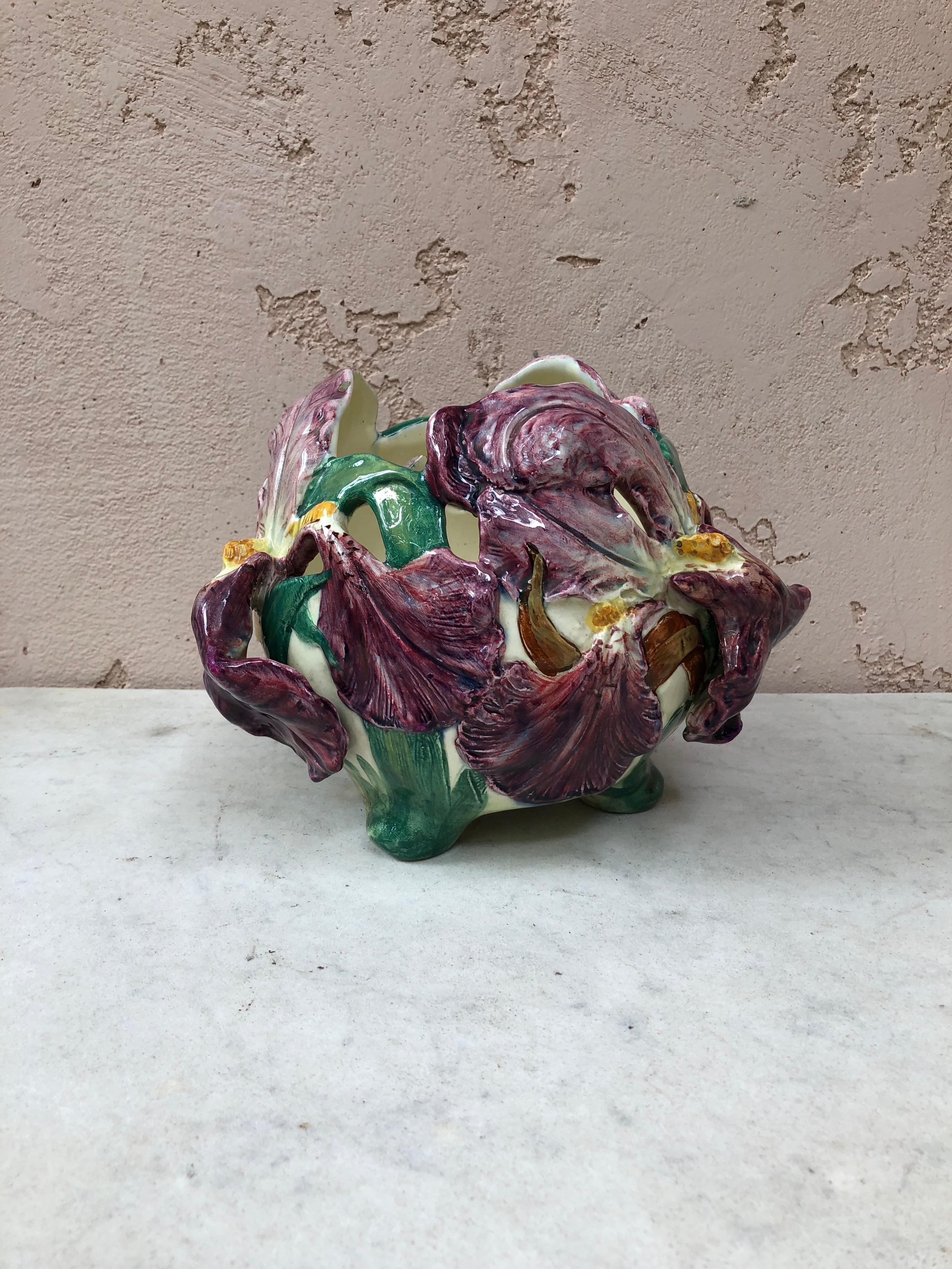 Ceramic 19th Century Majolica Purple Iris Cache Pot Delphin Massier For Sale