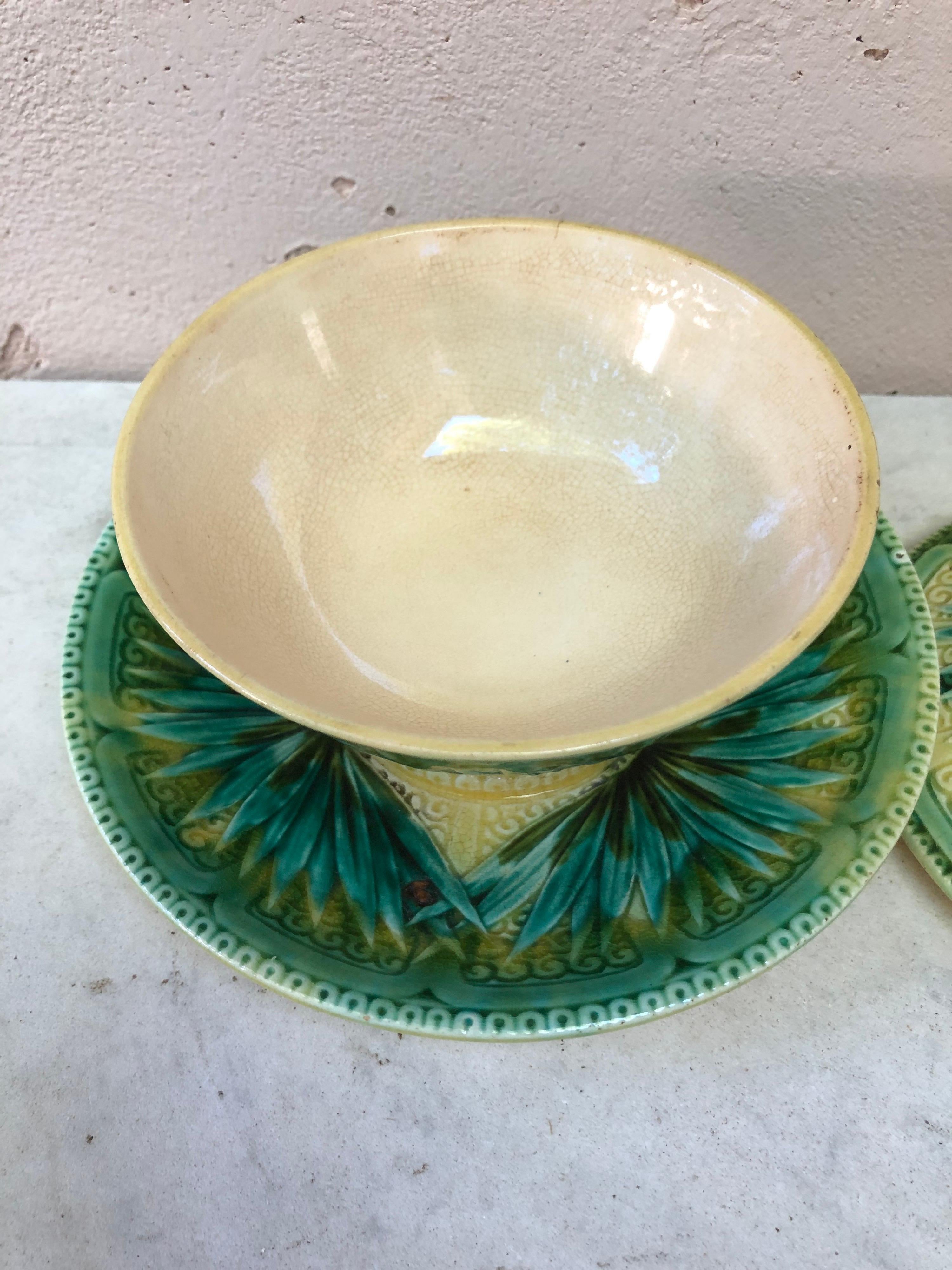 19th Century Majolica Palm Sugar Bowl Sarreguemines For Sale 2
