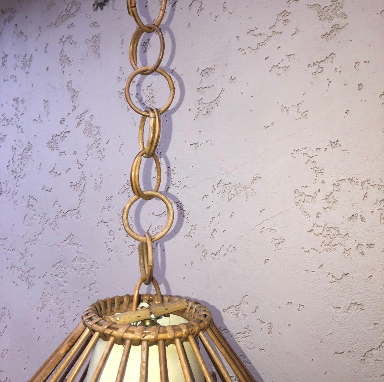 Large French Midcentury Rattan Chandelier Louis Sognot, circa 1950 1