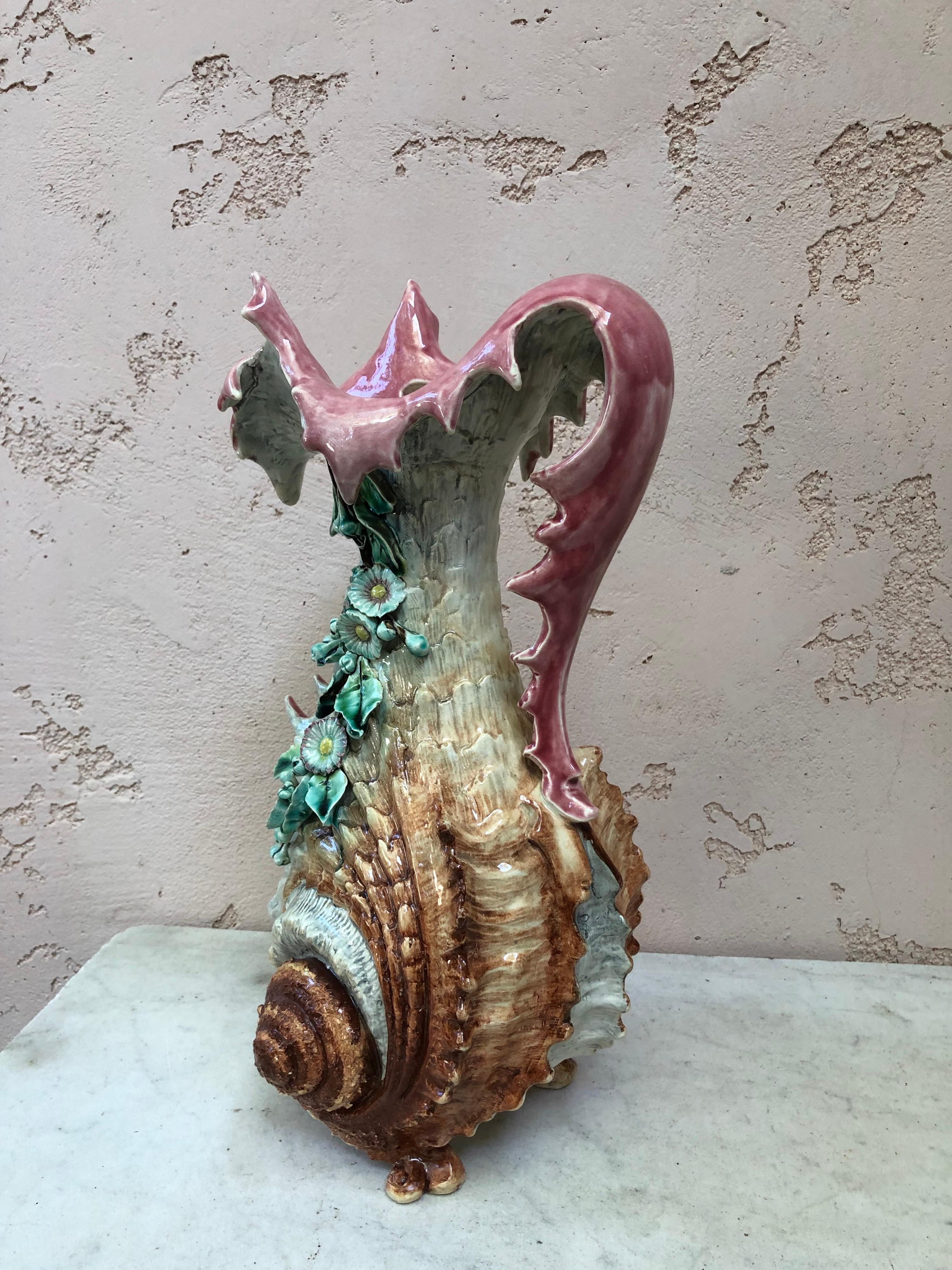 Late 19th Century Rare Large Majolica Shell Pitcher Ewer Fives Lille, circa 1890 For Sale