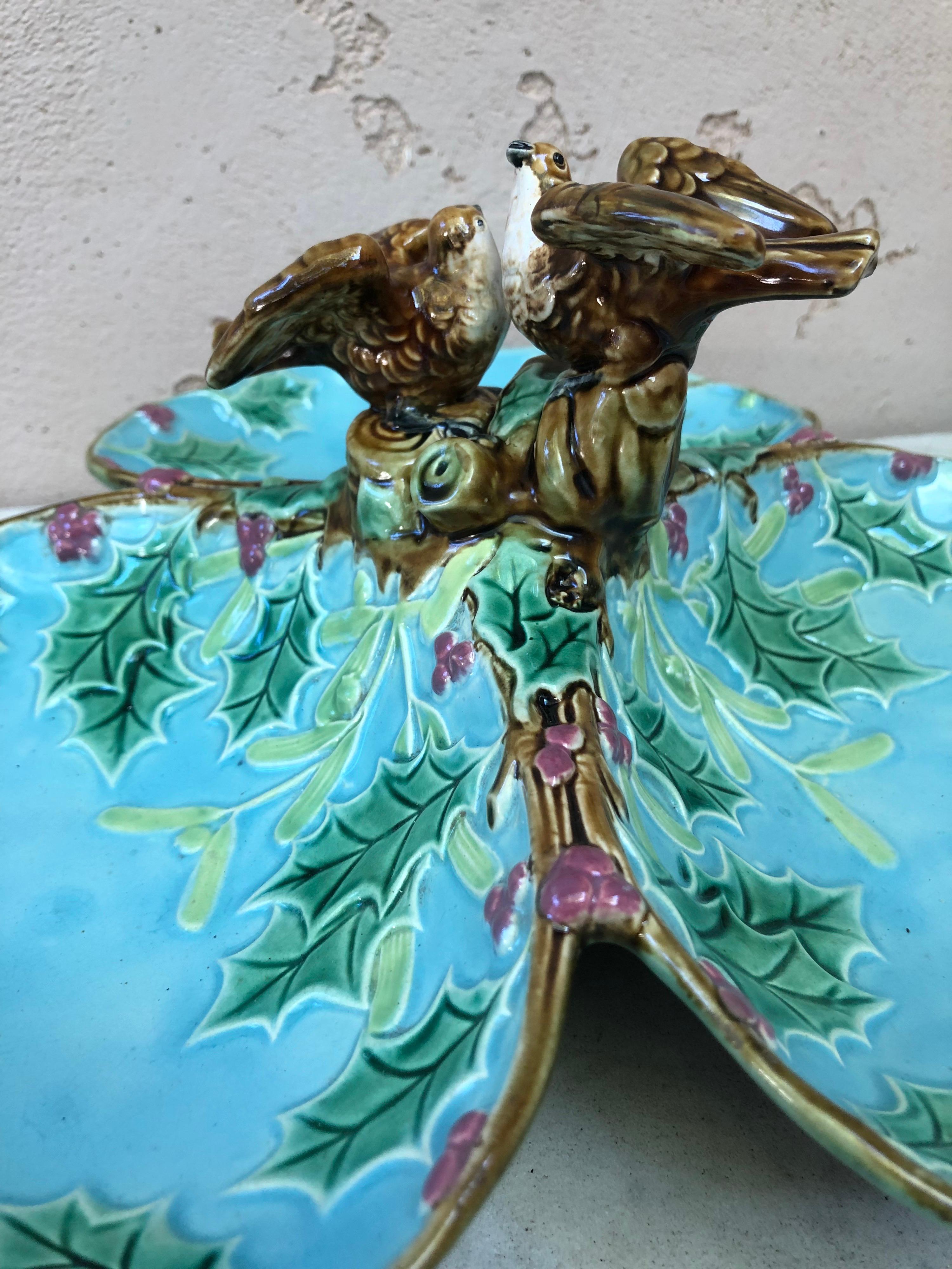 Majolica Three Part Server with Holly and Birds George Jones In Good Condition In Austin, TX