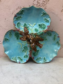 Majolica Three Part Server with Holly and Birds George Jones