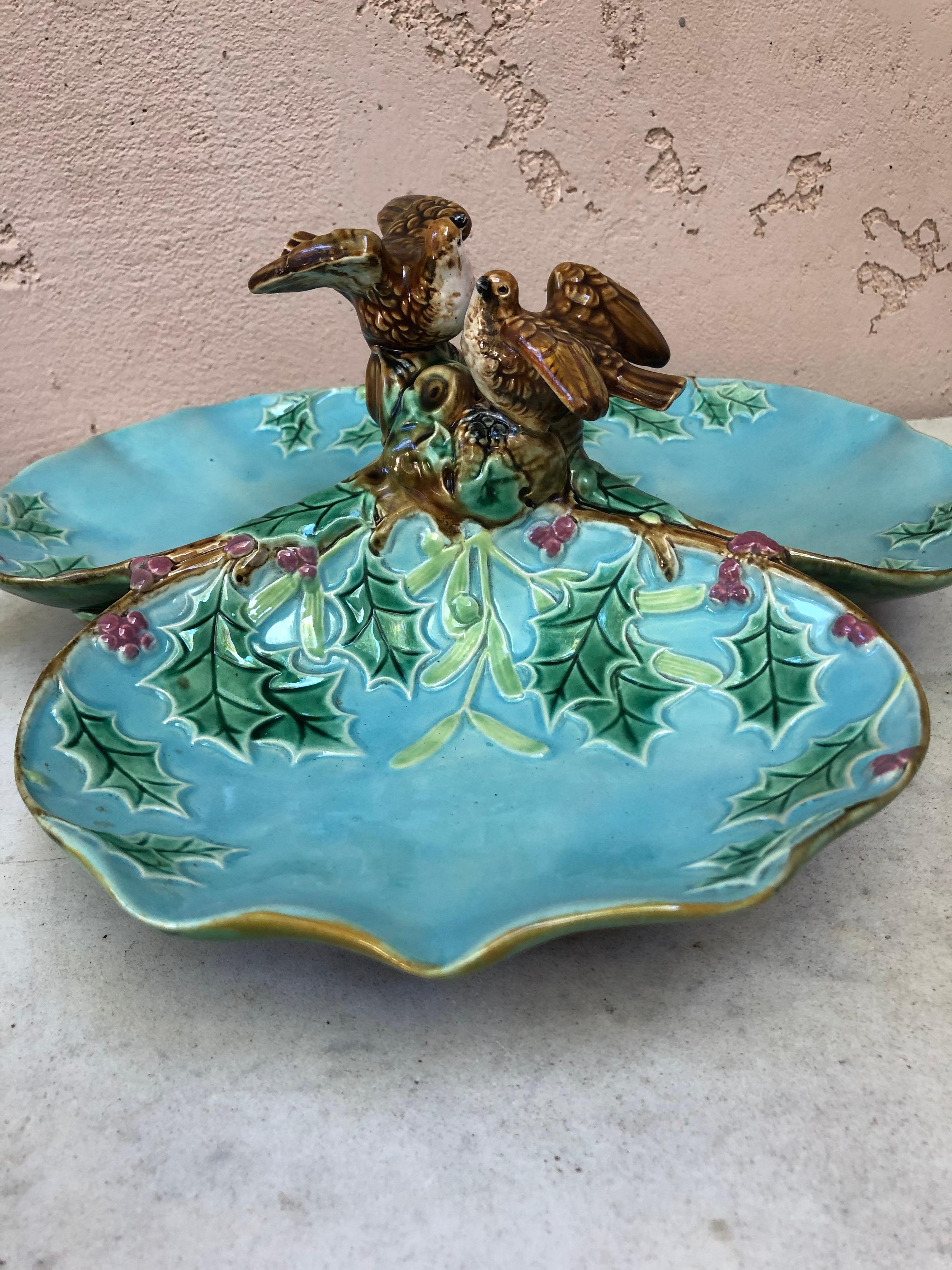 Majolica Three Part Server with Holly and Birds George Jones 1