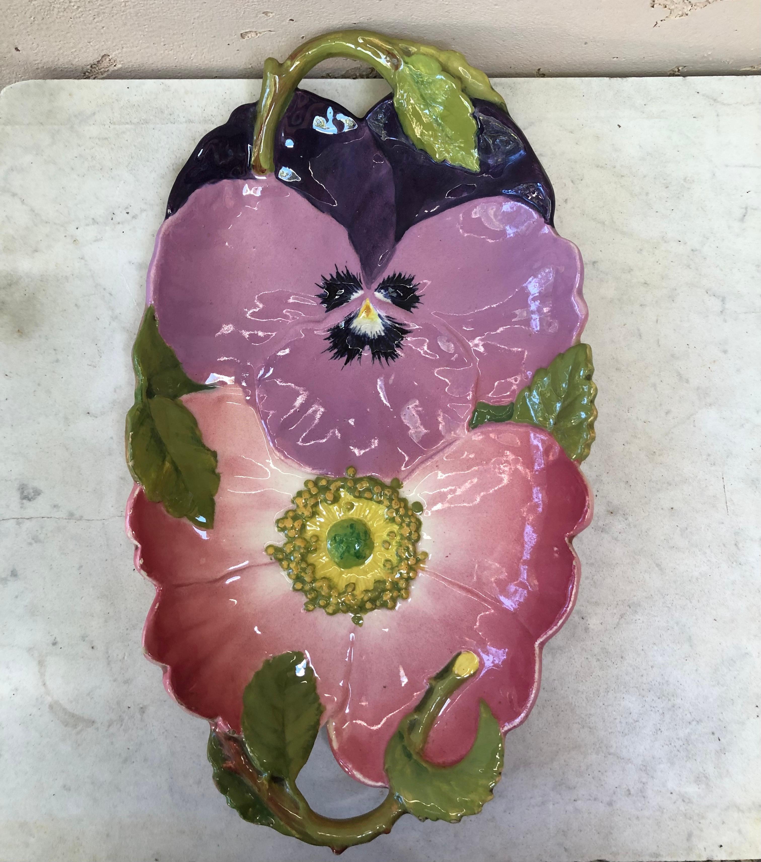 Large Majolica Wild Rose & Pansy Platter Massier, circa 1890 In Good Condition In Austin, TX