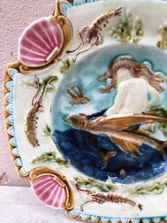 19th Century Square Majolica Mermaid Wall Plate