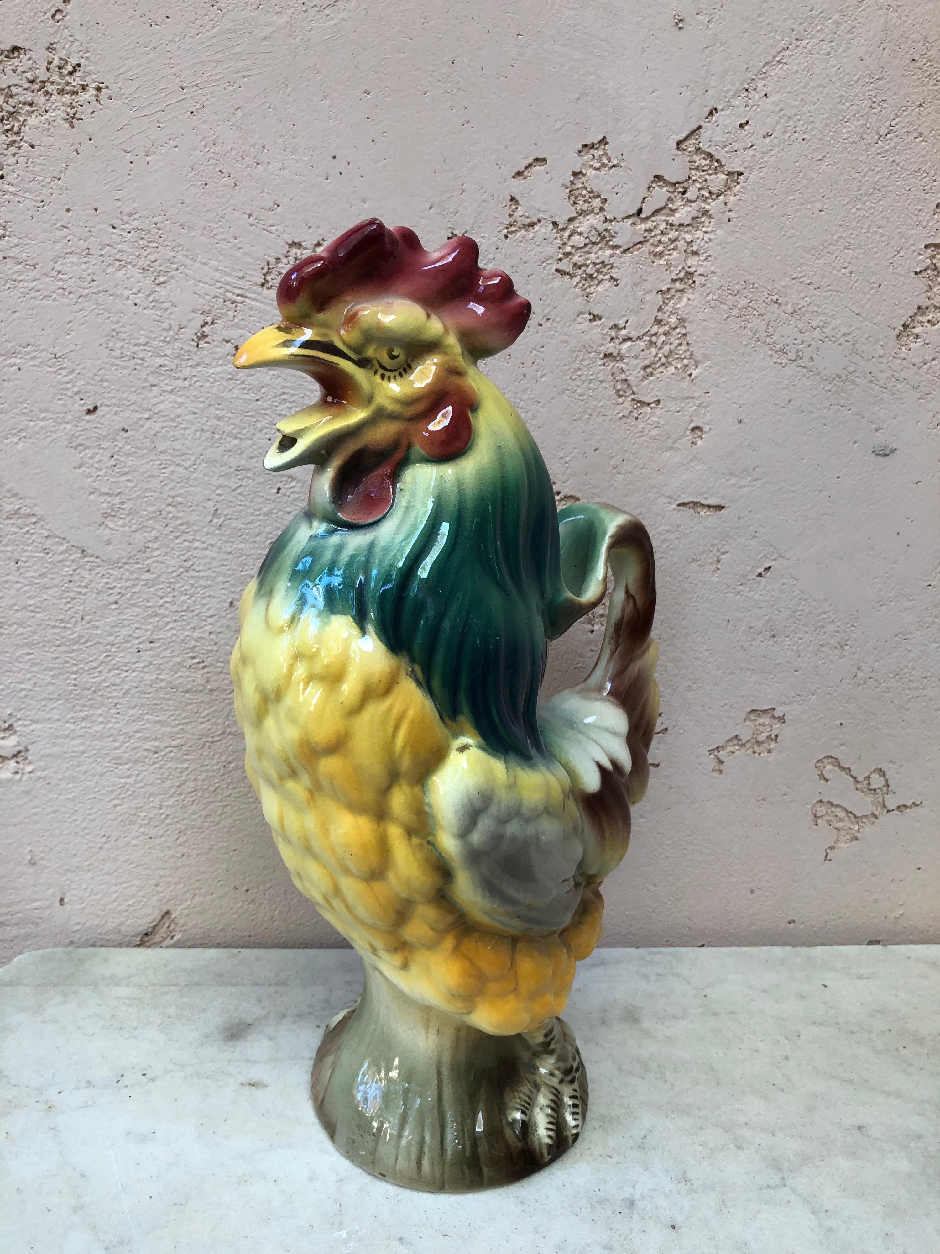 Rustic French Majolica Rooster Pitcher Keller and Guerin Saint Clement For Sale