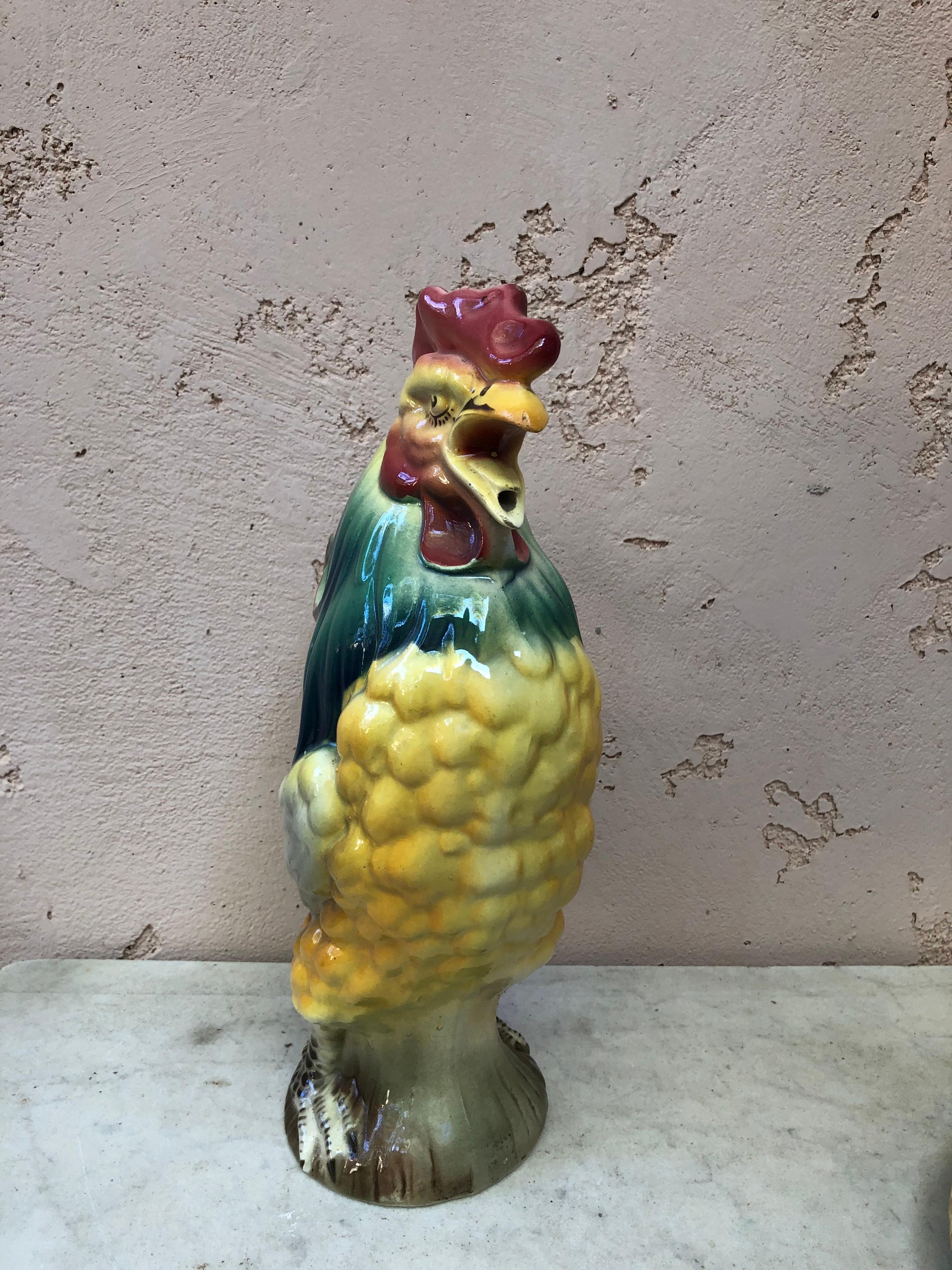 French Majolica Rooster Pitcher Keller and Guerin Saint Clement In Good Condition For Sale In Austin, TX