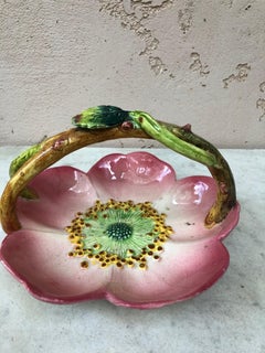 French Majolica Wild Rose Basket Delphin Massier, Circa 1890