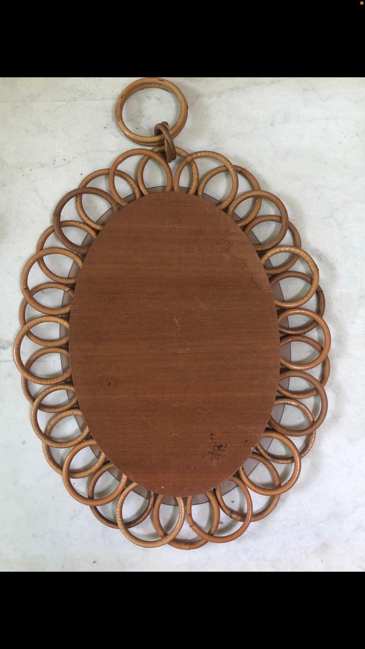 French Rattan Flower Mirror with Chain, circa 1950 2