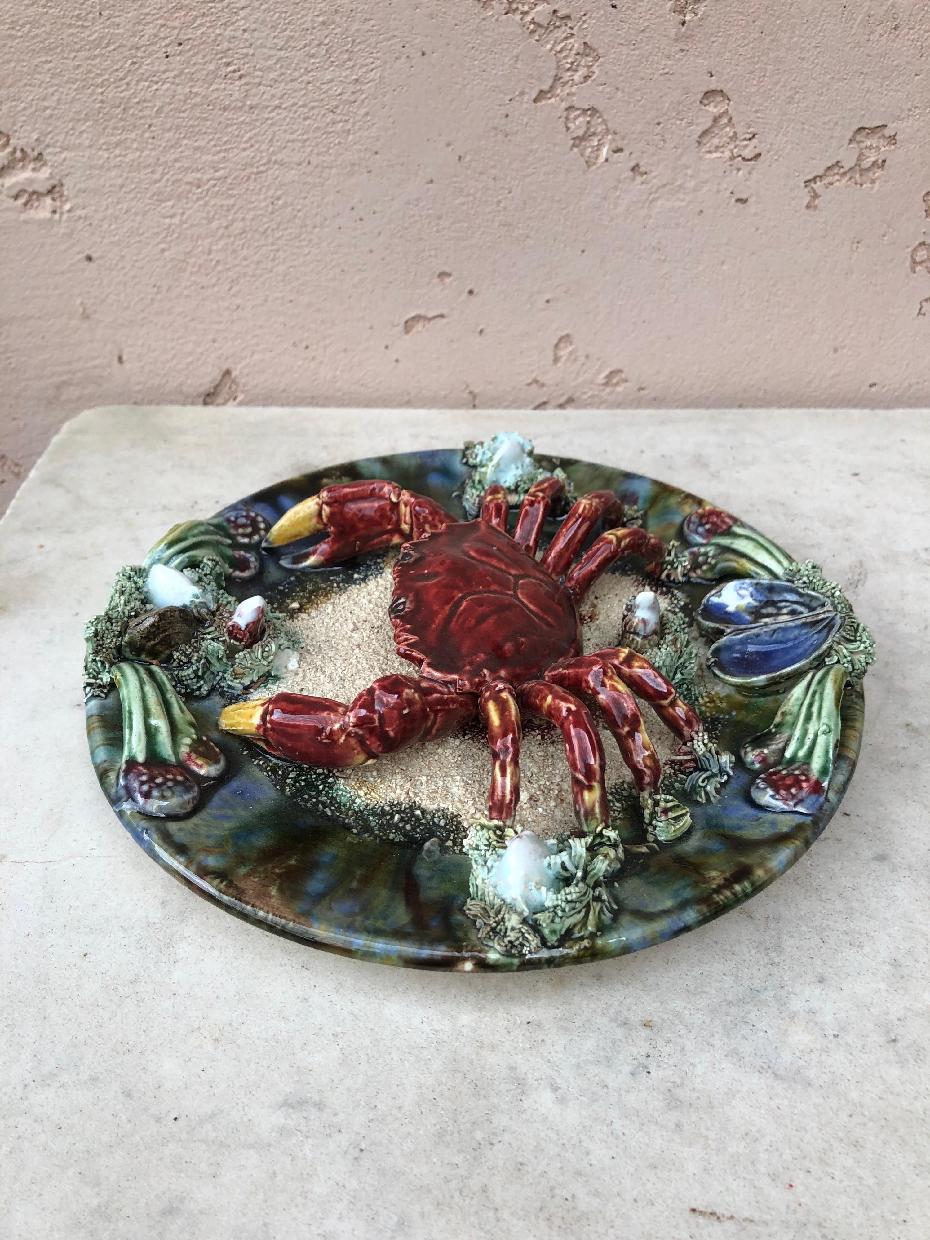 Mid-Century Modern Majolica Palissy Portuguese Crab Wall Platter, circa 1940