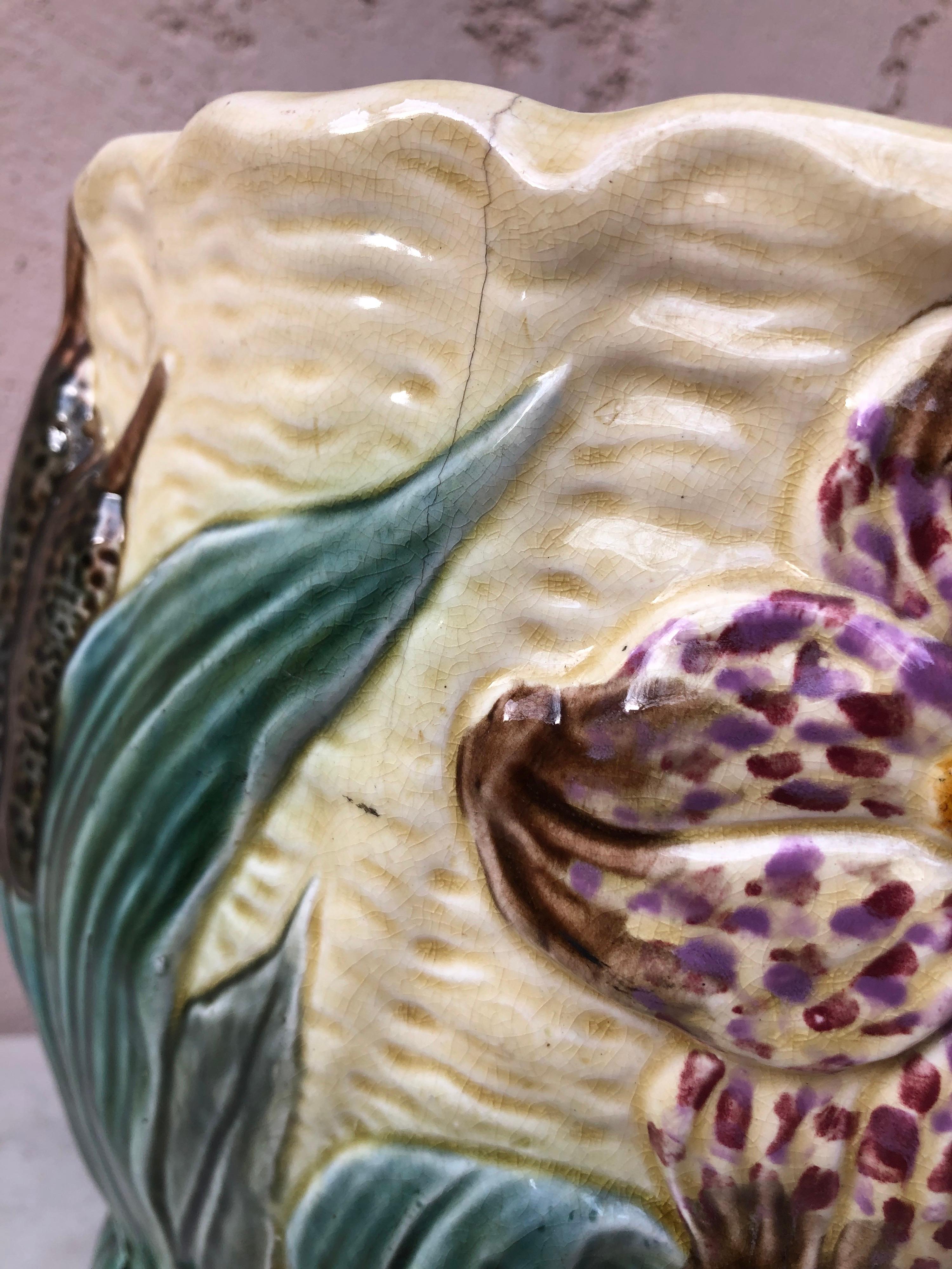 19th Century Majolica Jardinière Flower and Snail Wasmuel In Good Condition For Sale In Austin, TX