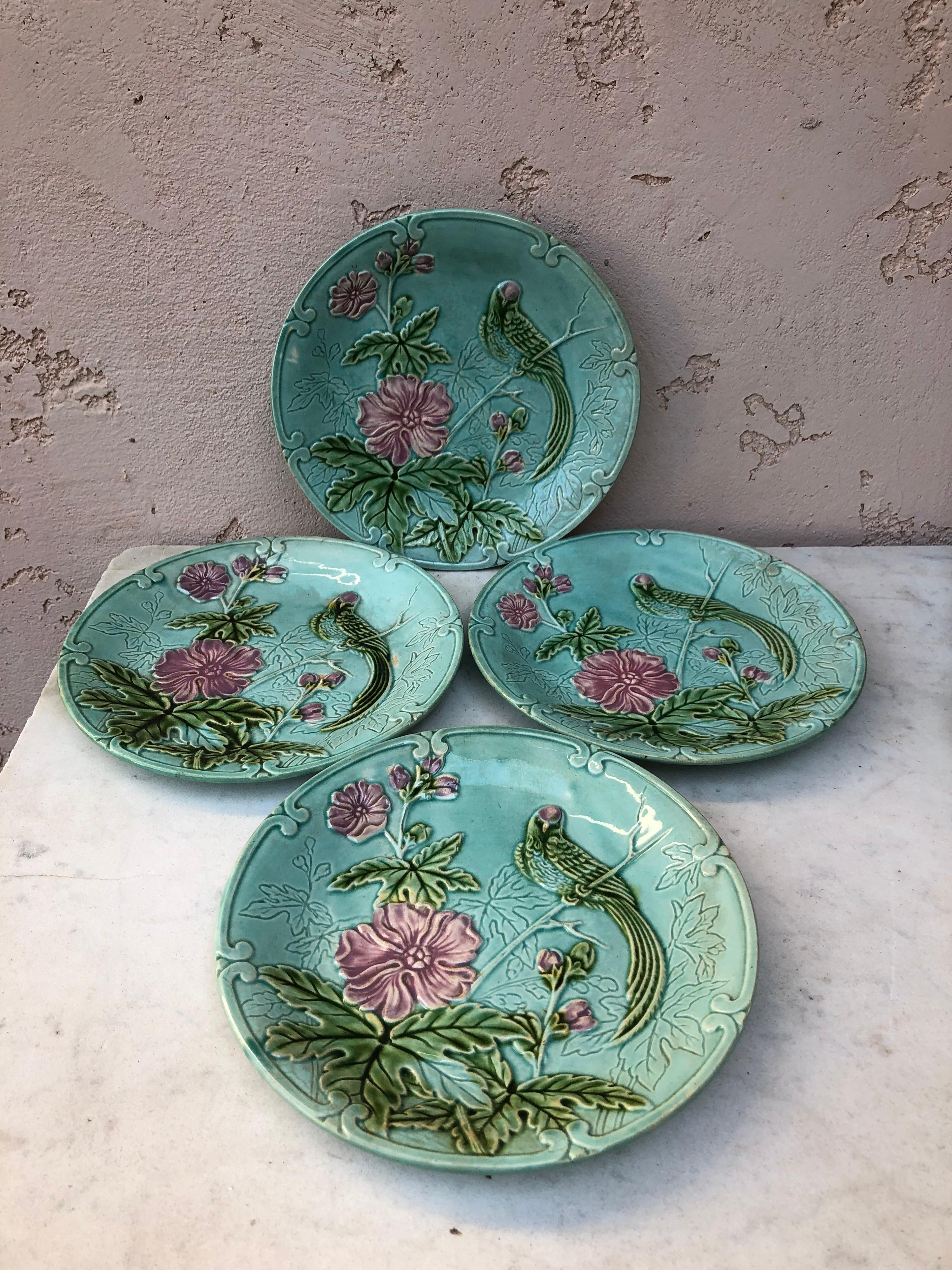 French Majolica paradise bird and pink flowers signed Salins, circa 1890.