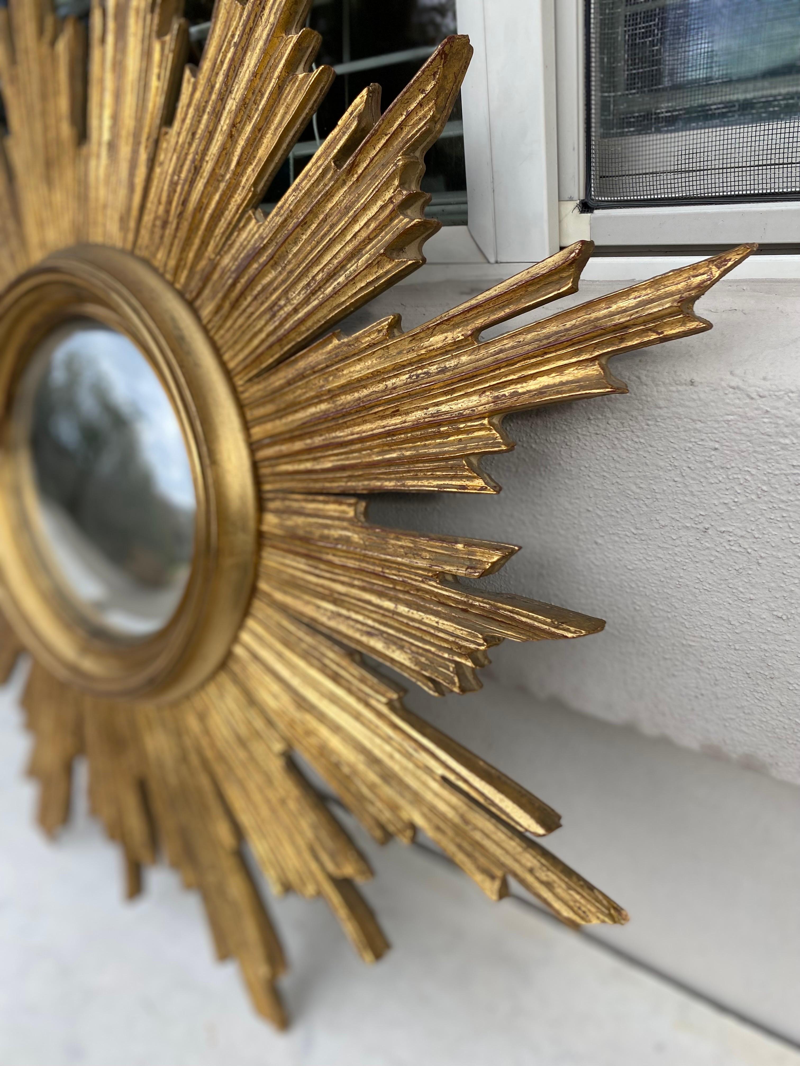 Mid-20th Century French Gilded Wood Convex Sunburst Mirror For Sale