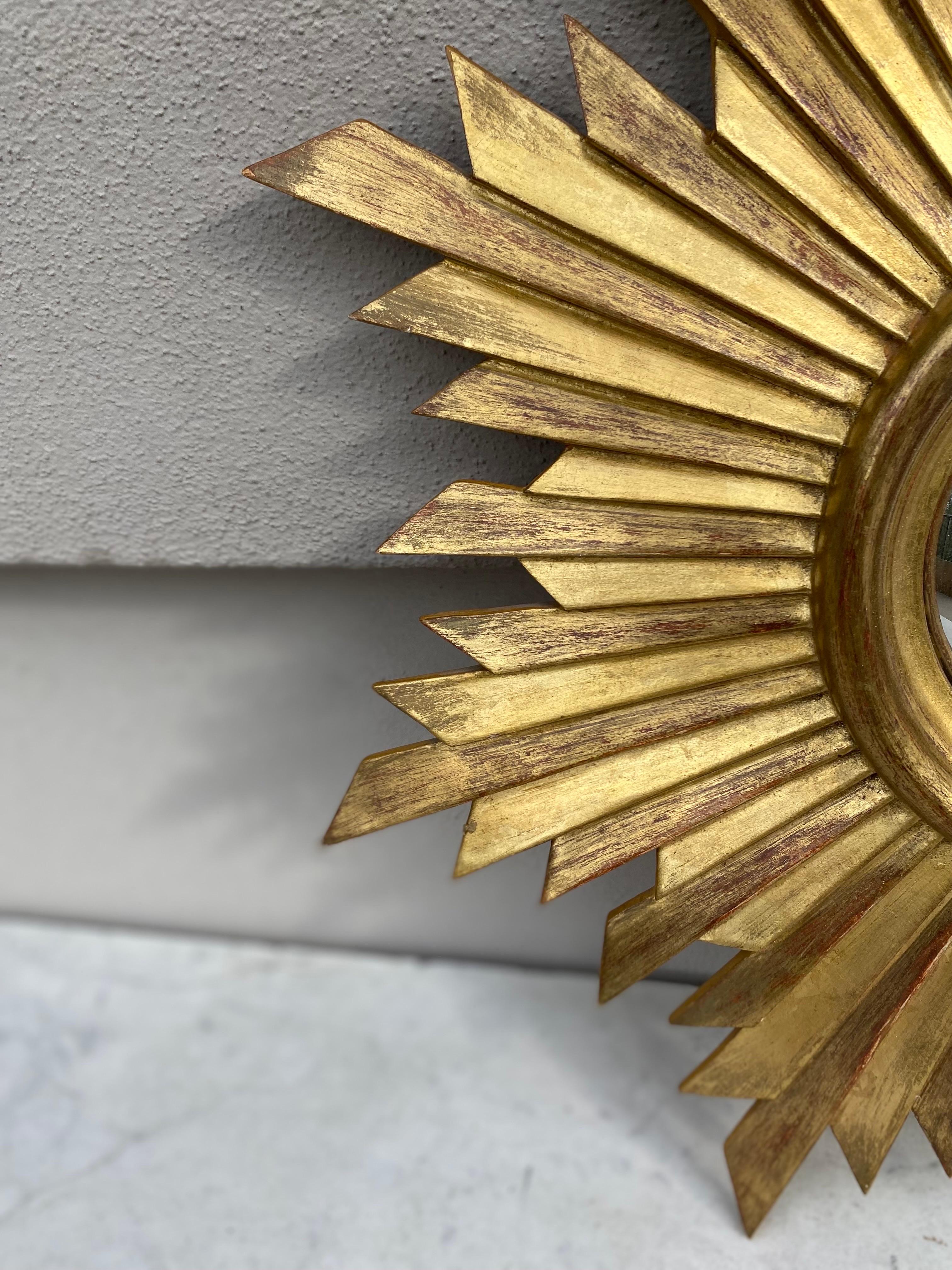 Mid-Century Modern French Gilded Wood Convex Sunburst Mirror