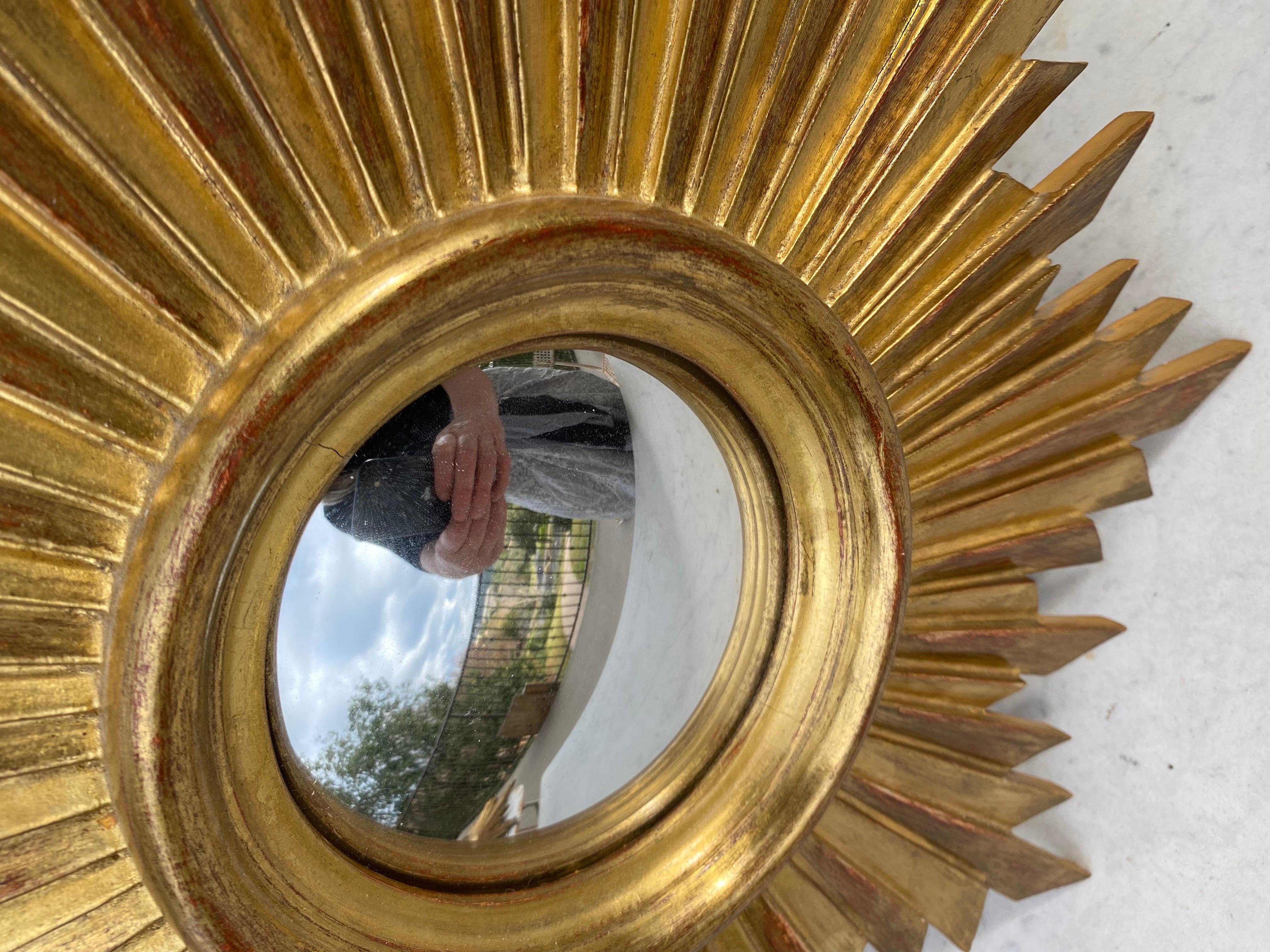 Mid-20th Century French Gilded Wood Convex Sunburst Mirror