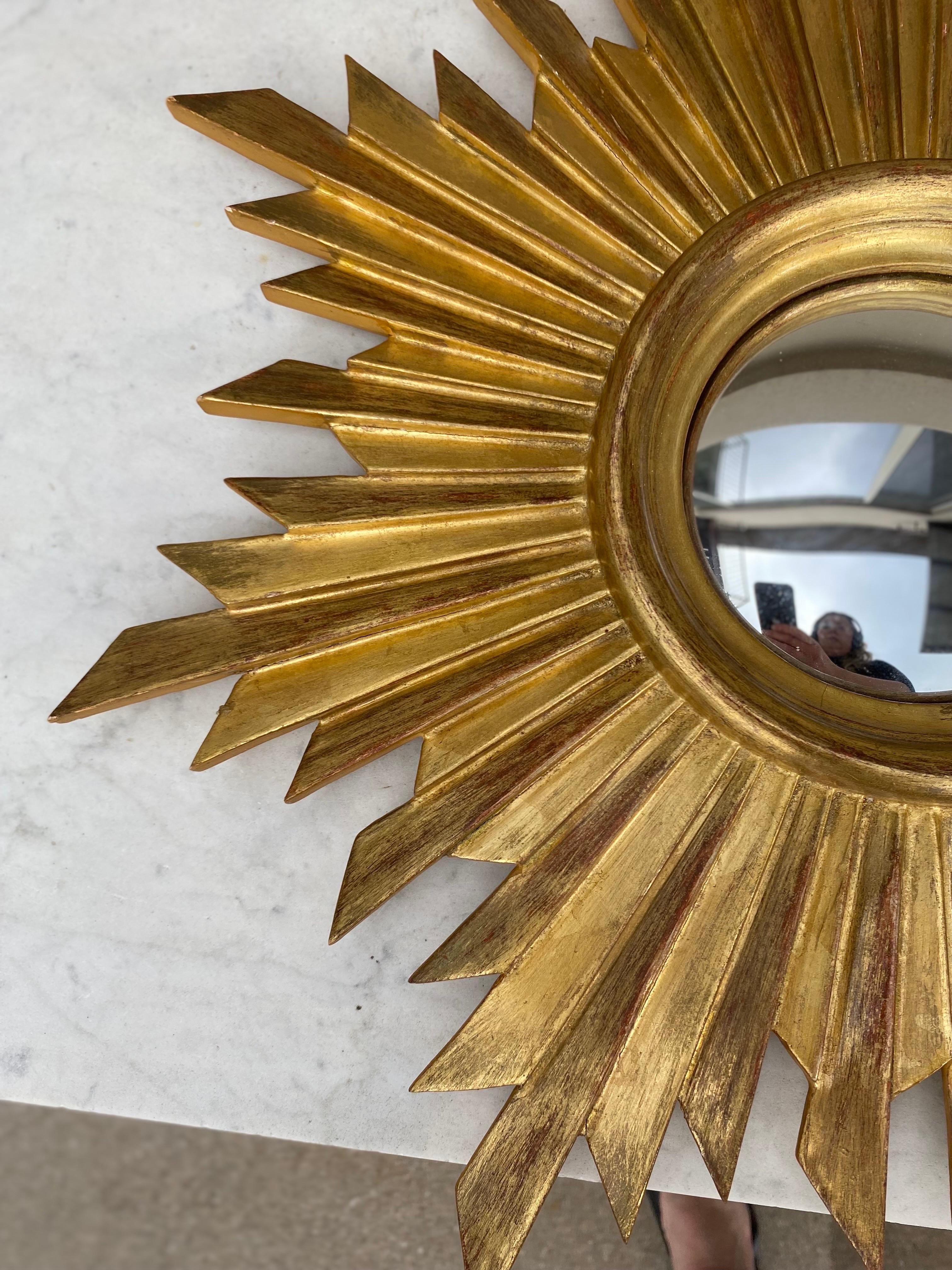 French Gilded Wood Convex Sunburst Mirror 2