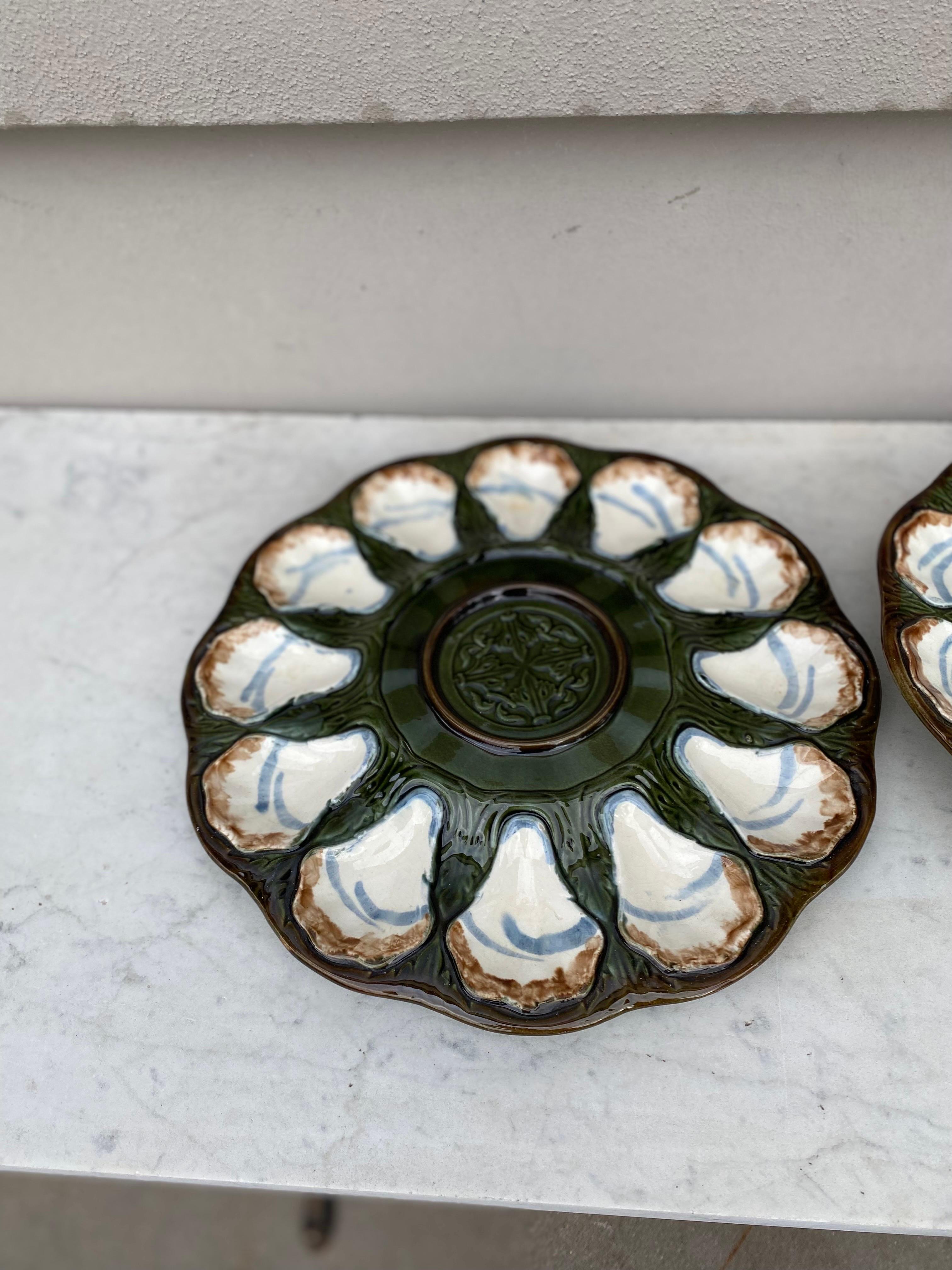 Ceramic 19th Century Rare French Majolica Oyster Server Longchamp For Sale