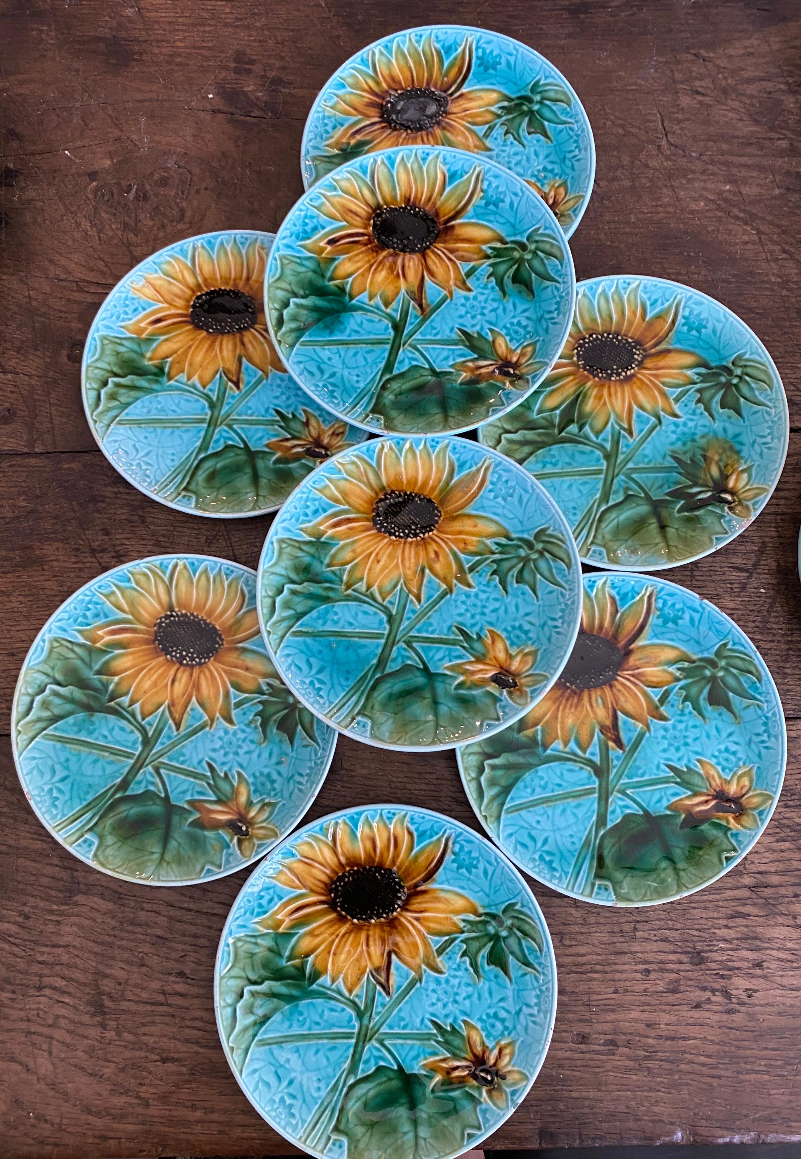 Art Nouveau Small German Majolica Sunflower Plate Circa 1900