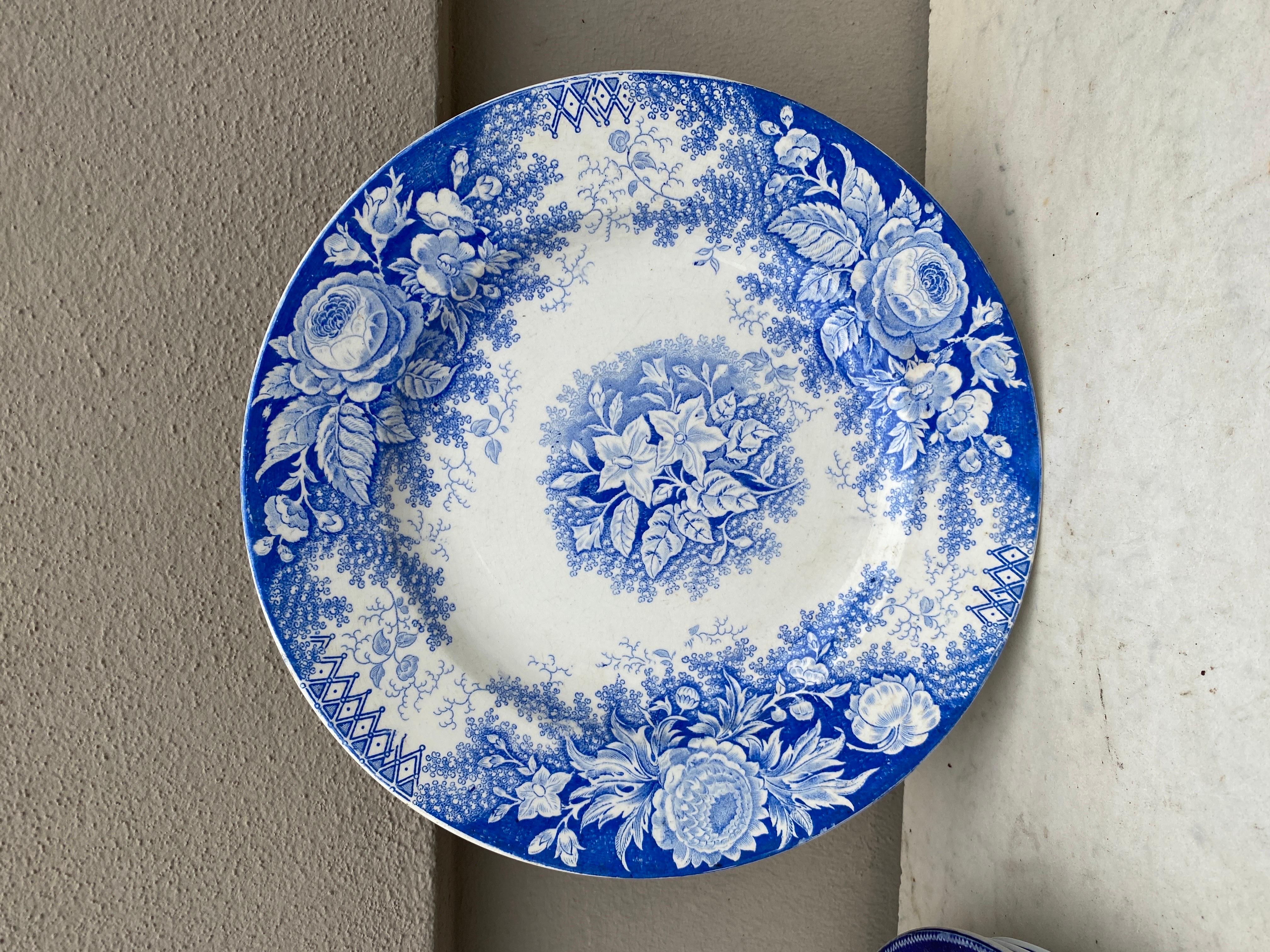 Ceramic 19th Century Large Blue & White Platter Jardiniere Sarreguemines For Sale