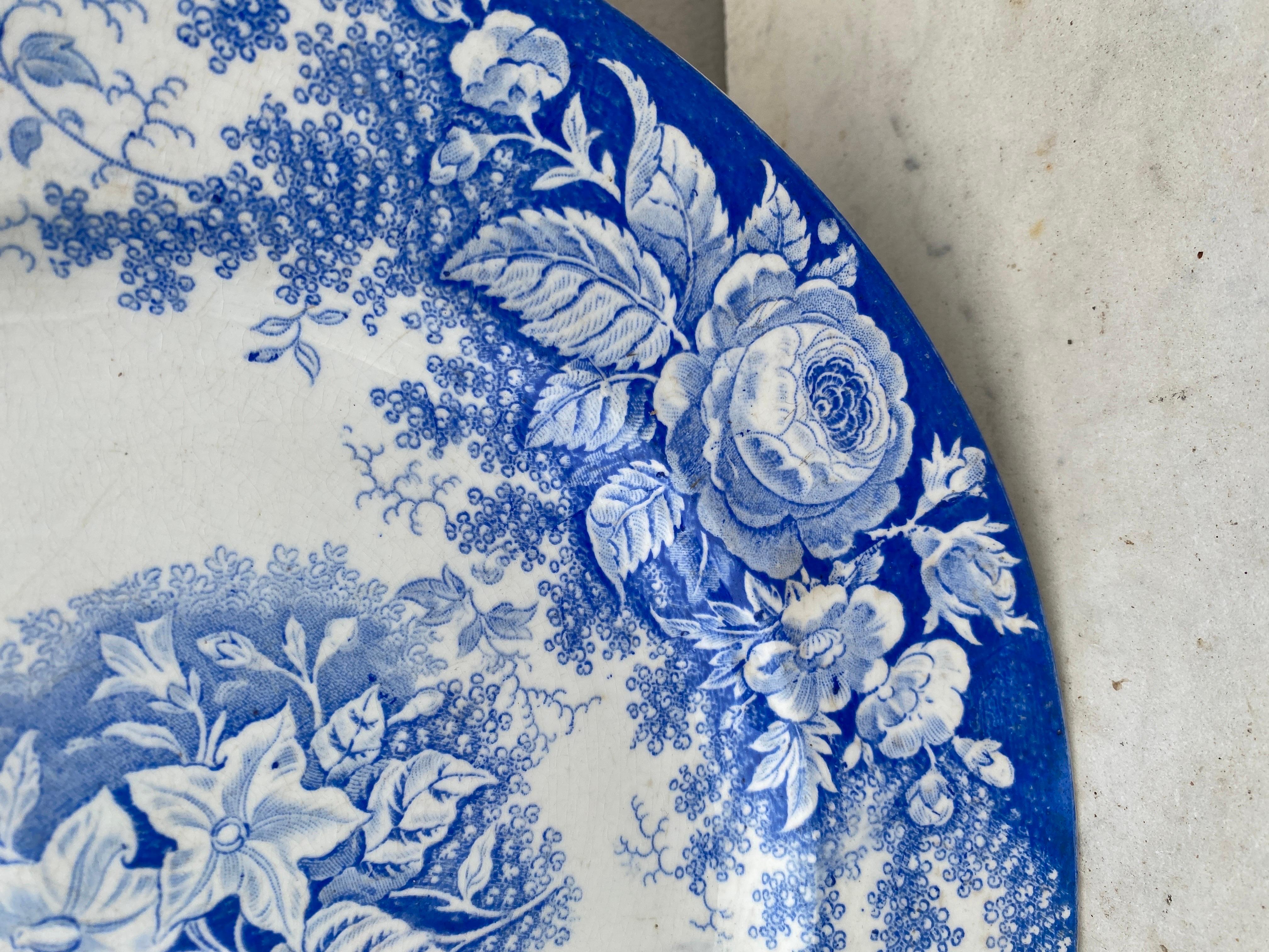 19th Century Large Blue & White Platter Jardiniere Sarreguemines For Sale 3