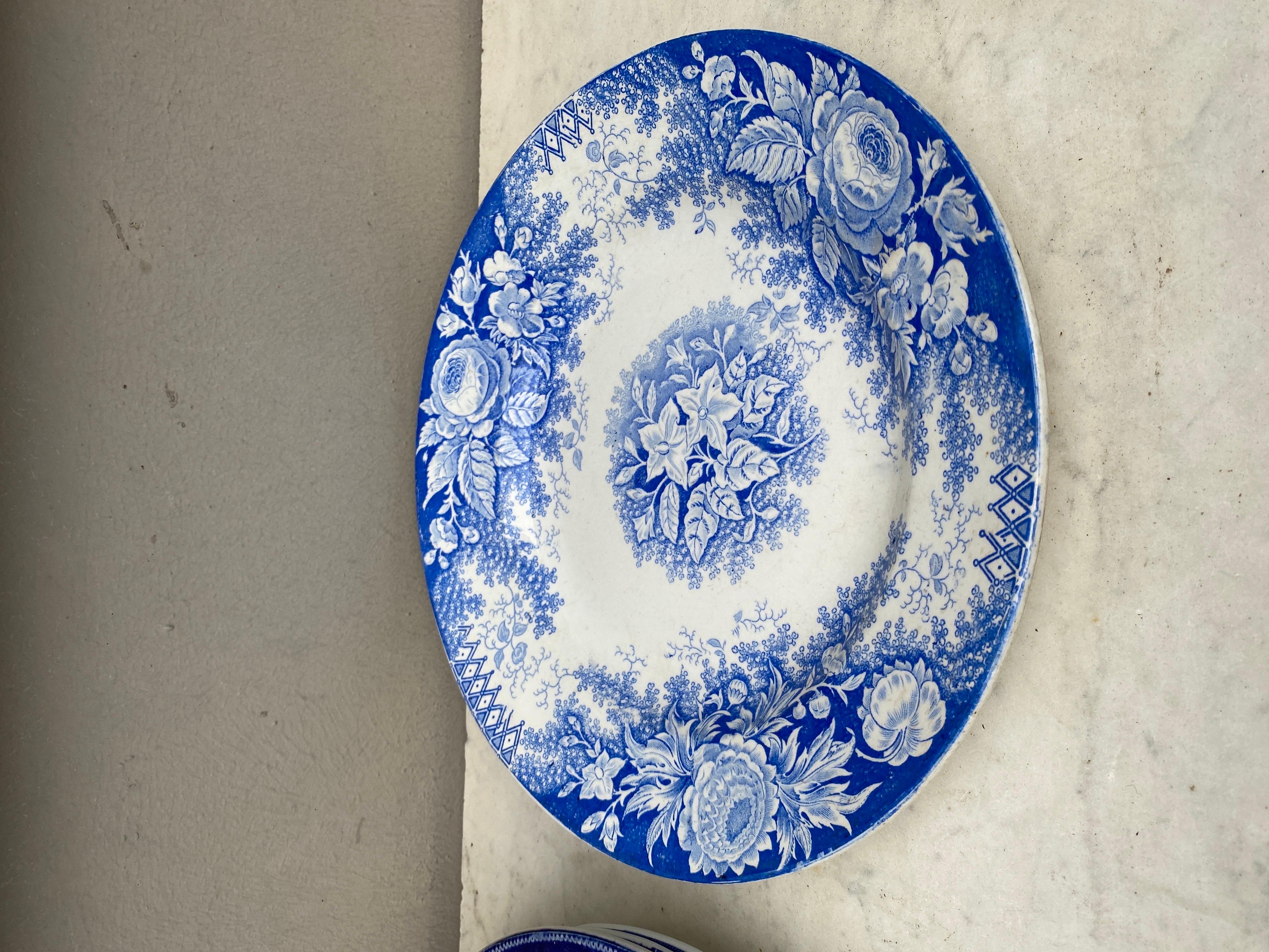 19th Century Large Blue & White Platter Jardiniere Sarreguemines For Sale 4