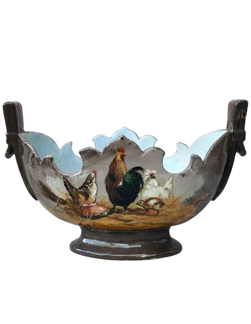 Late 19th Century 19th Century Green Majolica Rooster Plate Choisy Le Roi For Sale